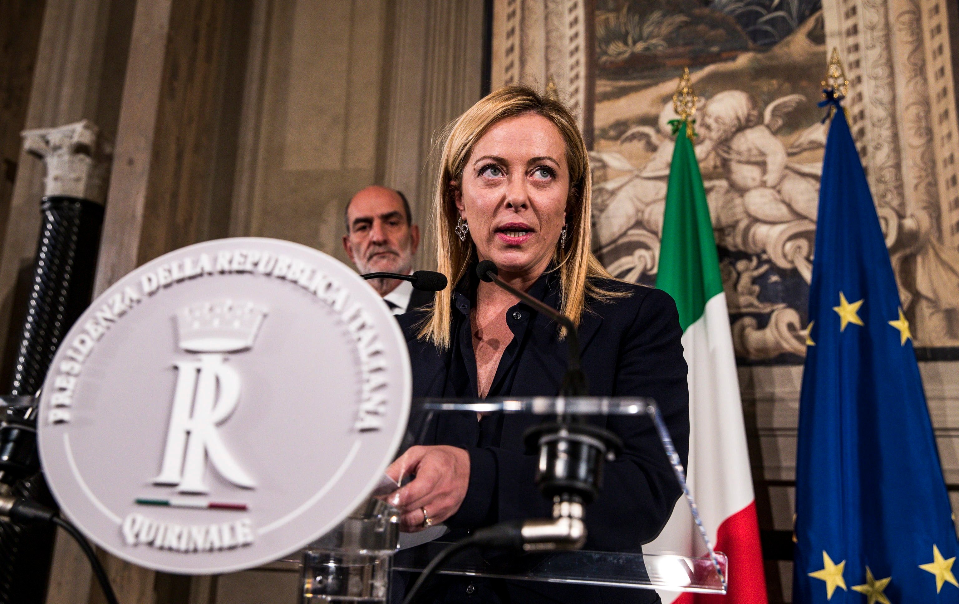 Italian PM-designate Giorgia Meloni addresses the media at the Quirinale Palace in Rome on Friday. Photo: EPA-EFE