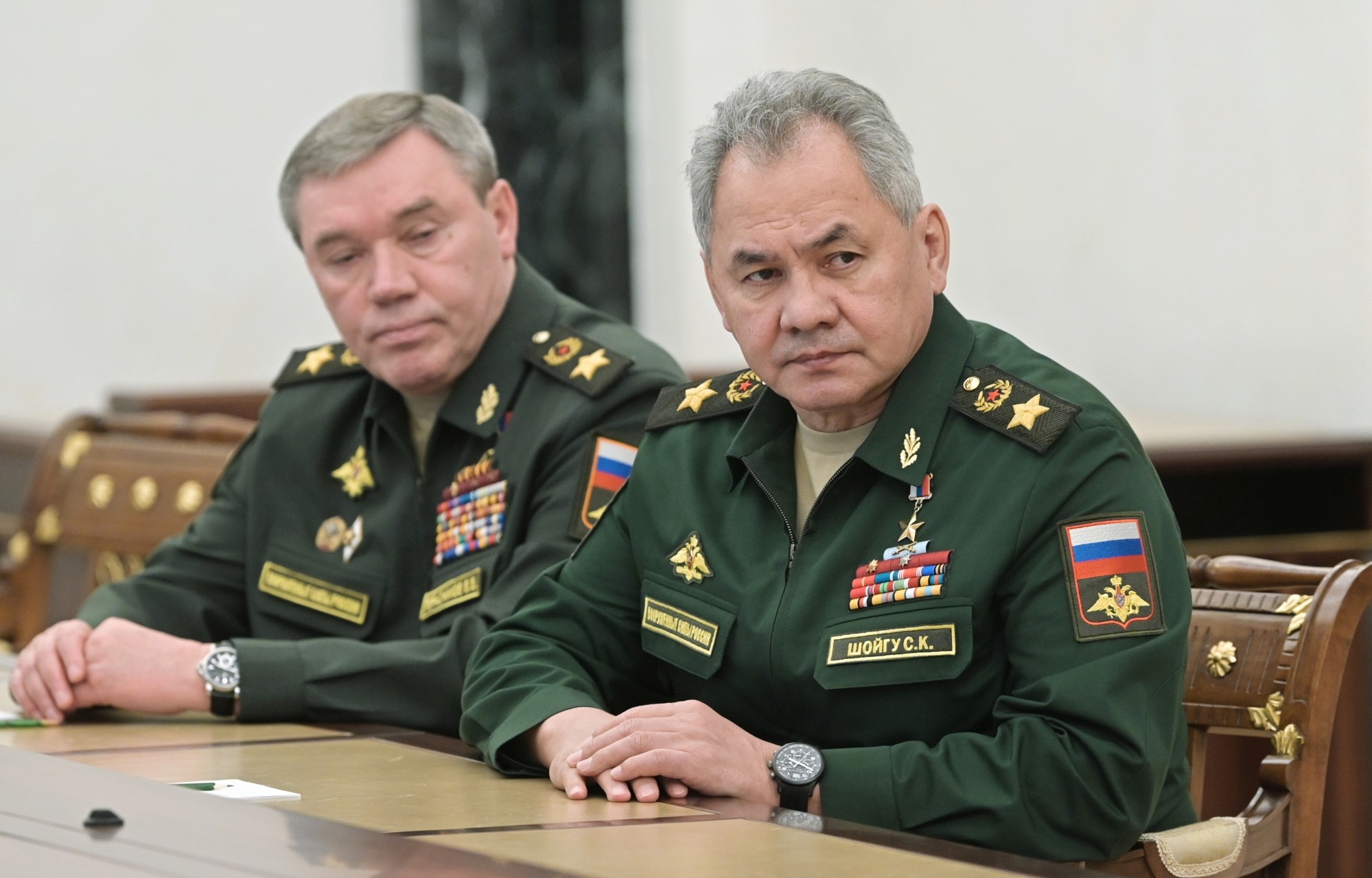 Russian Defence Minister Sergei Shoigu (right) and Head of the General Staff of the Armed Forces of Russia and First Deputy Defence Minister Valery Gerasimov during a meeting in Moscow in February 2022. Photo: Ap