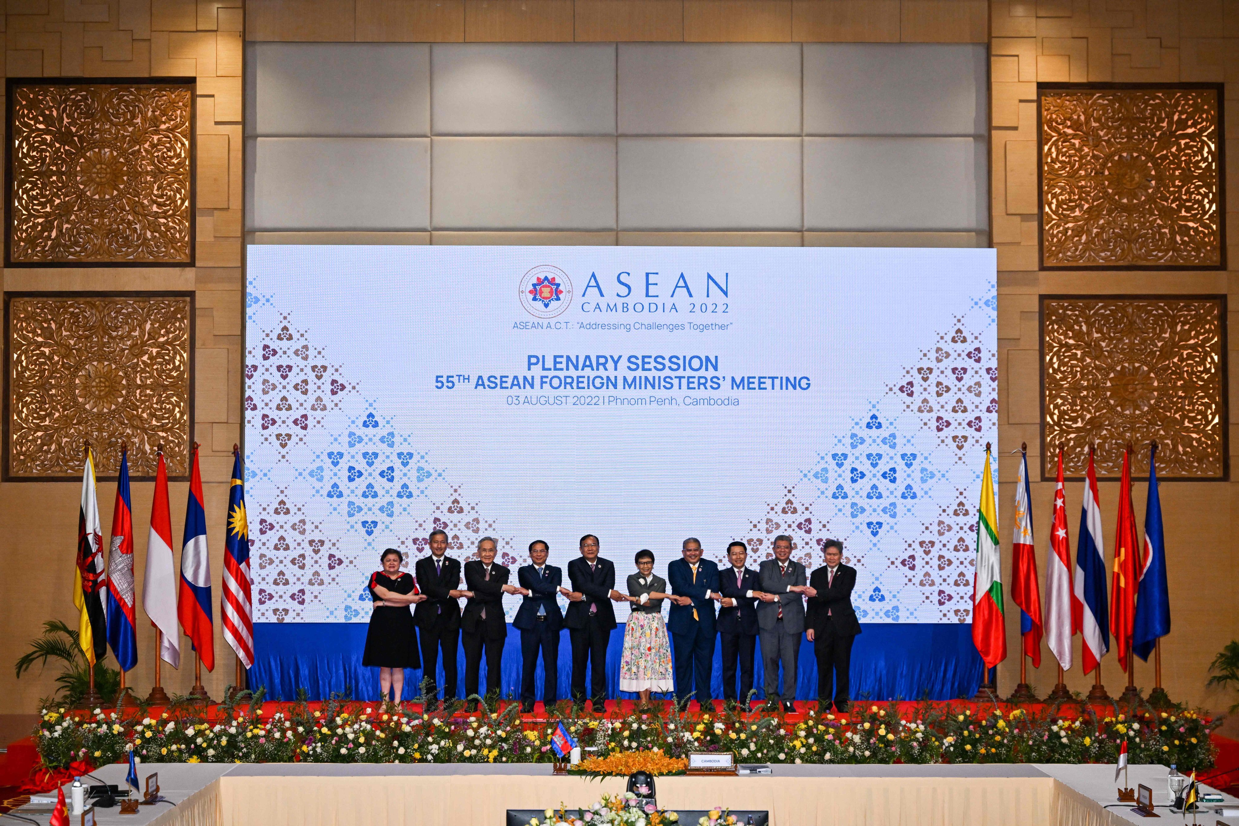 Southeast Asian foreign ministers during a plenary session at the 55th Asean Foreign Ministers Meeting in Phnom Penh in August 2022. Photo: AFP