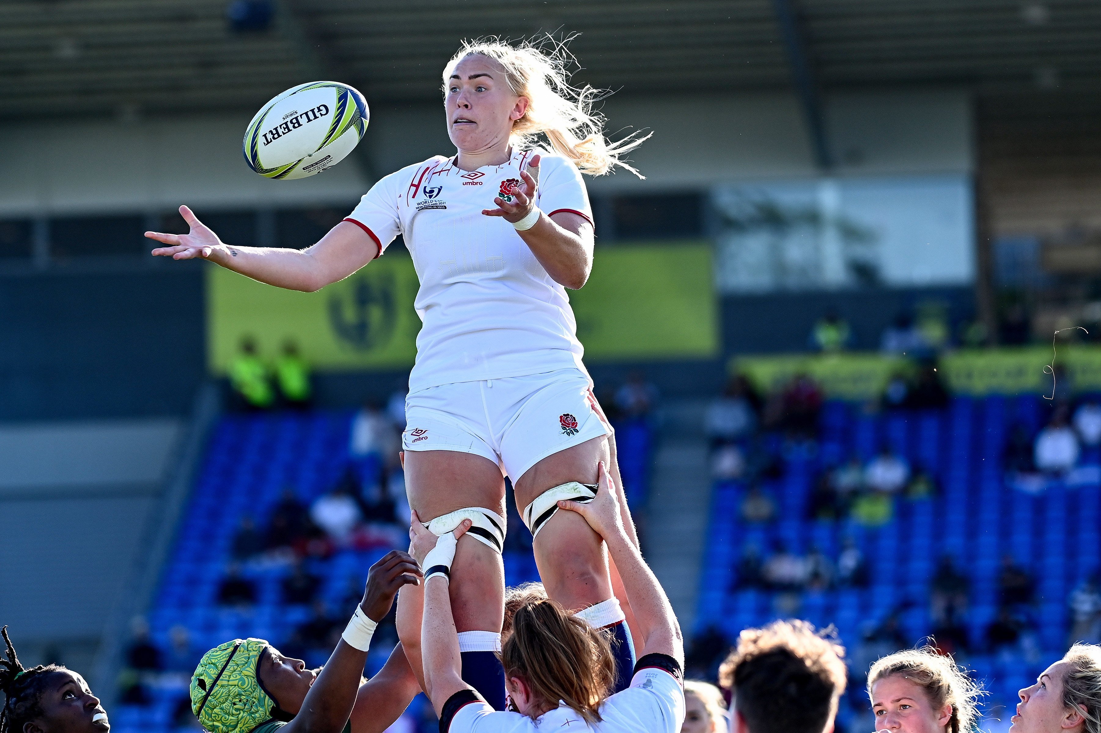 England lock Rosie Galligan scored a hat-trick of tries in her side’s 75-0 rout of South Africa. Photo: EPA-EFE