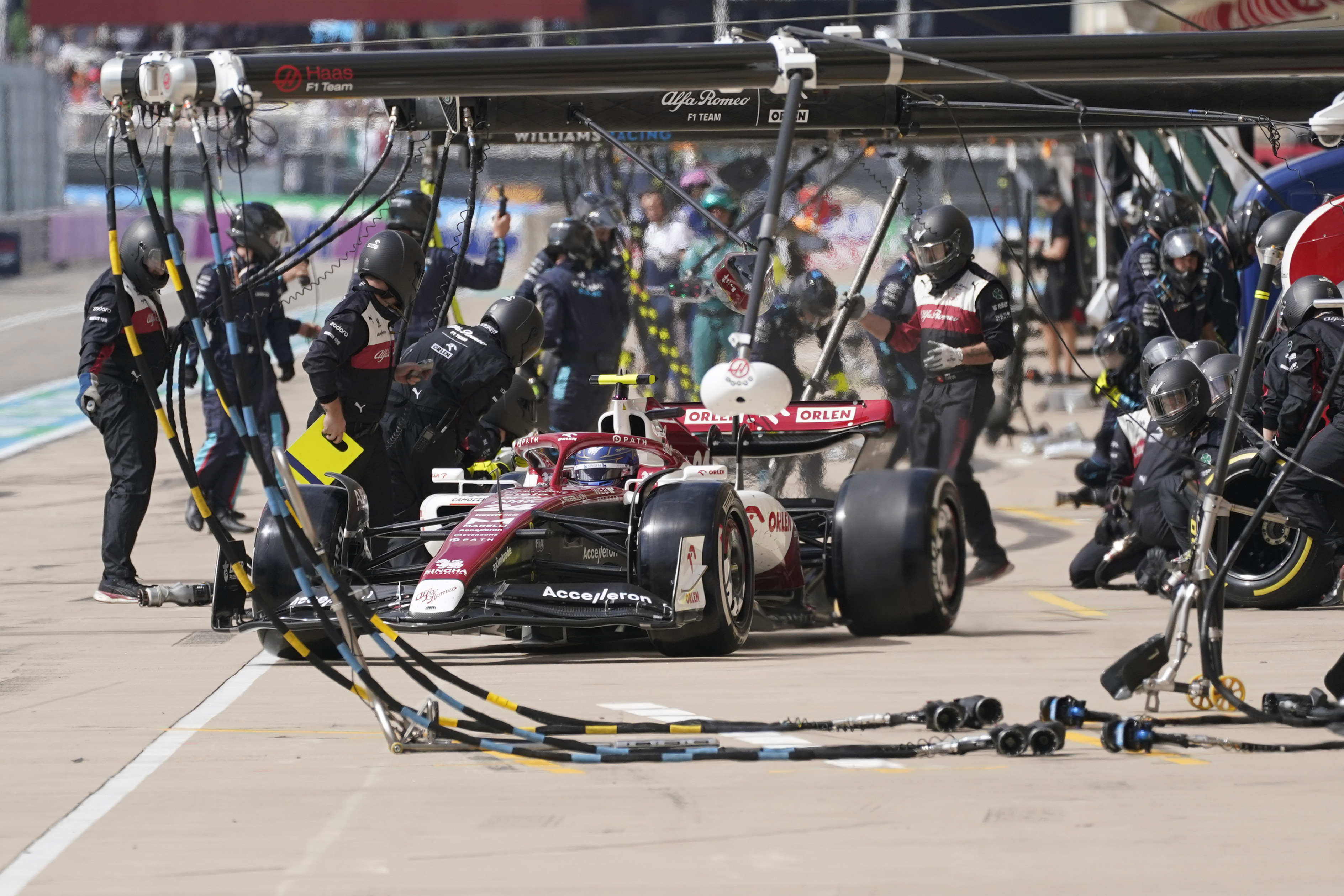 Alfa Romeo’s Zhou Guanyu leaves after a pit stop during Formula One’s US Grand Prix at the Circuit of the Americas. Photo: AP