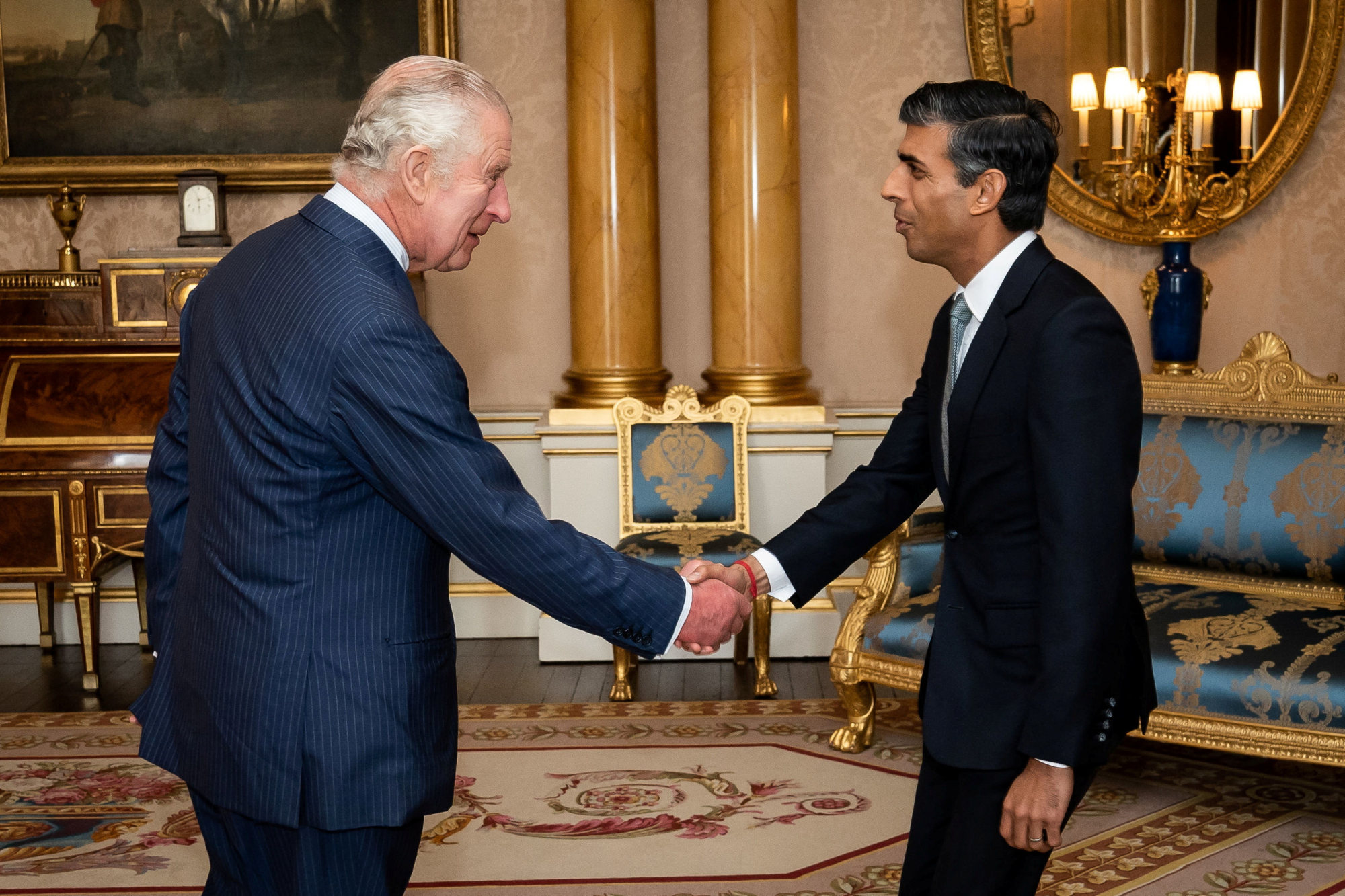 King Charles welcomes Rishi Sunak during an audience at Buckingham Palace, London, on Tuesday. Photo: Pool via Reuters
