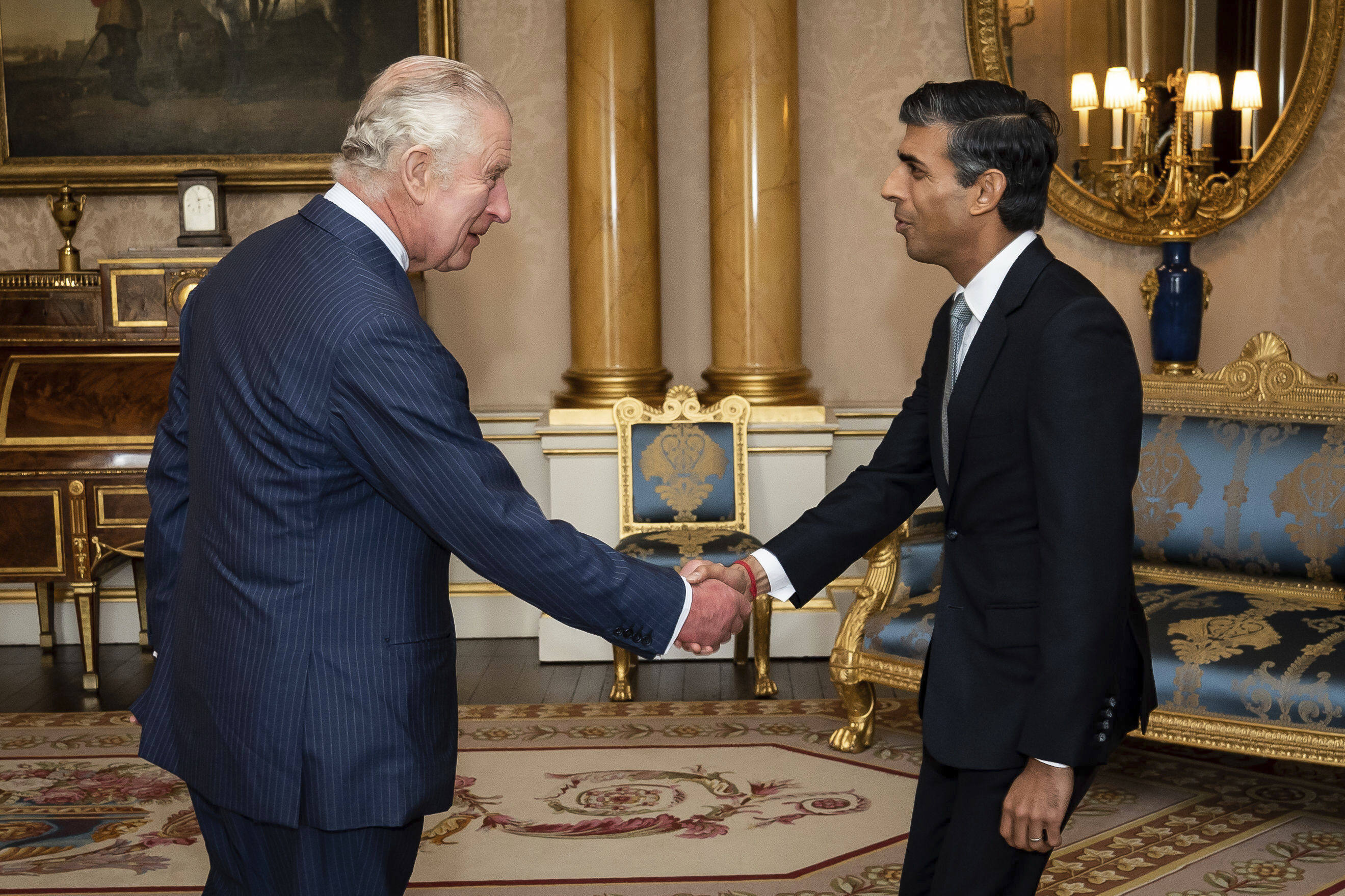 King Charles welcomes Rishi Sunak during an audience at Buckingham Palace, London. Photo: AP