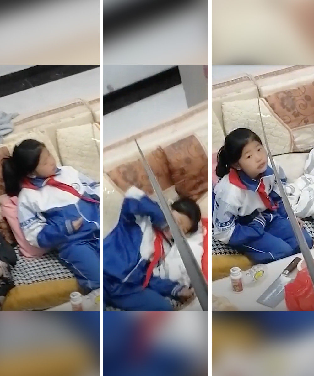 Two parents went viral in China after using a fishing pole to prod their daughter after she had accidentally locked them out and then fallen asleep. Photo: SCMP composite