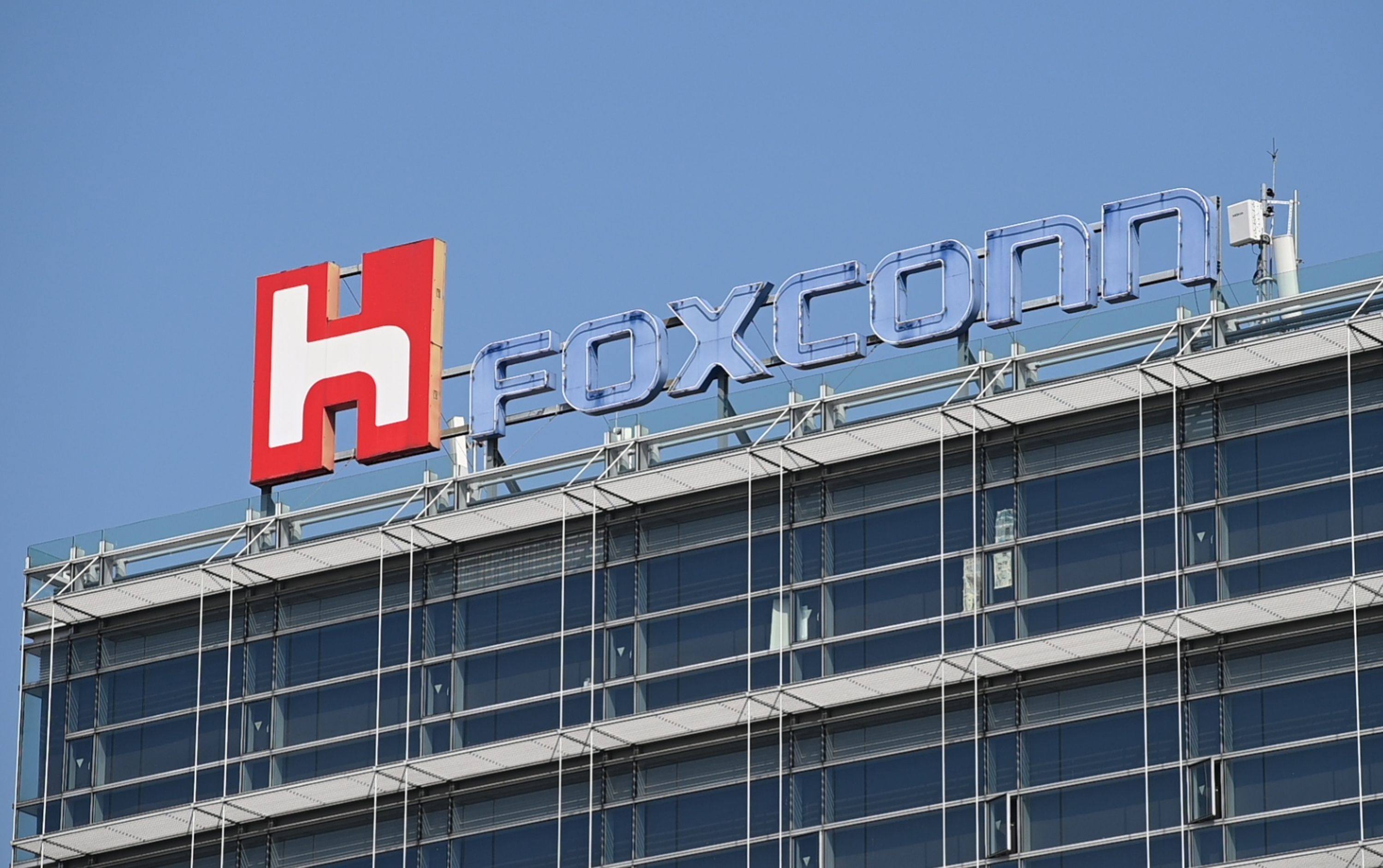 The Foxconn logo is displayed on a company building in Taipei. Photo: AFP