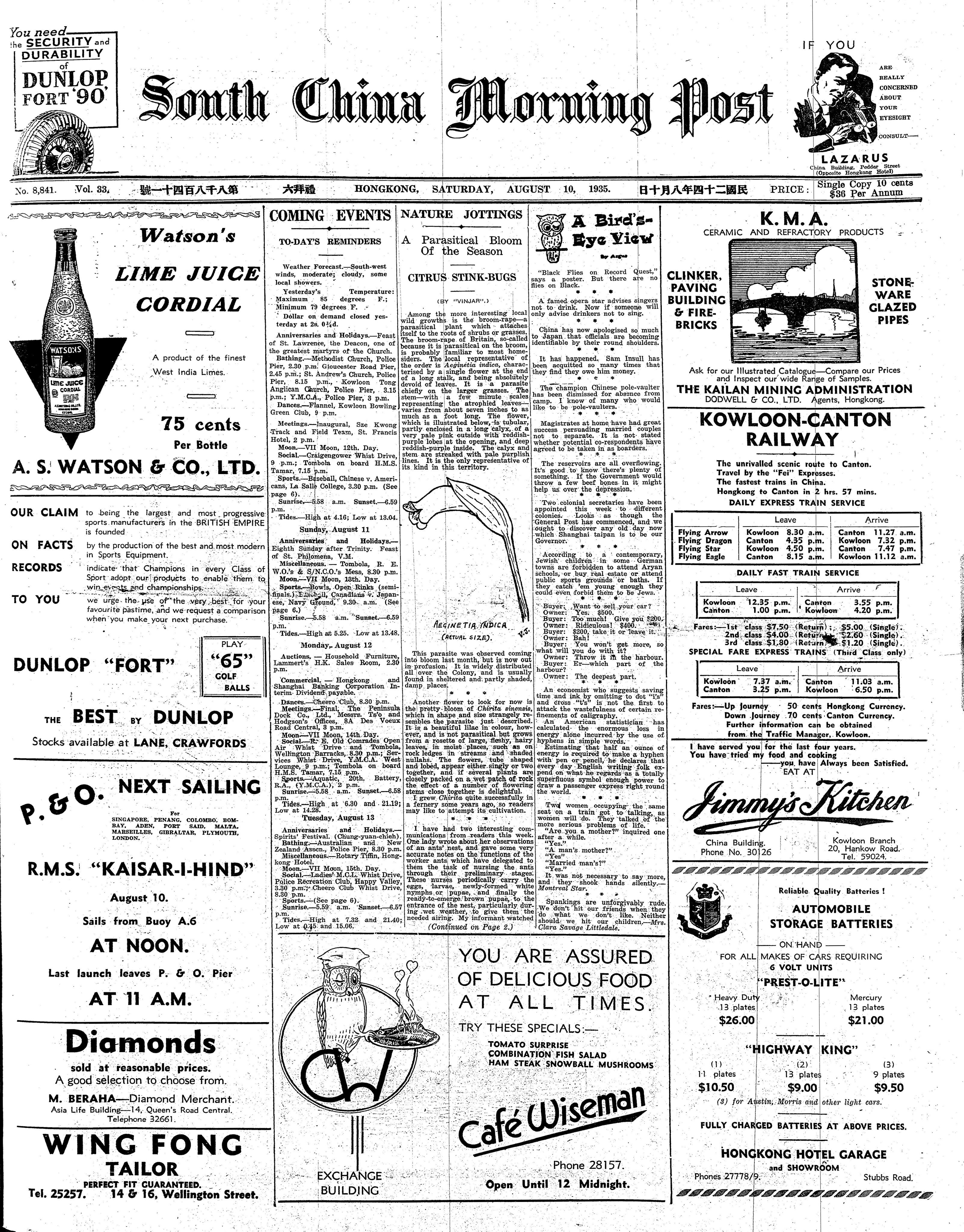 The front page South China Morning Post, dated 10 August, 1935. Hong Kong journalists’ local history columns from long ago provide a window to the past like nothing else. Photo: SCMP