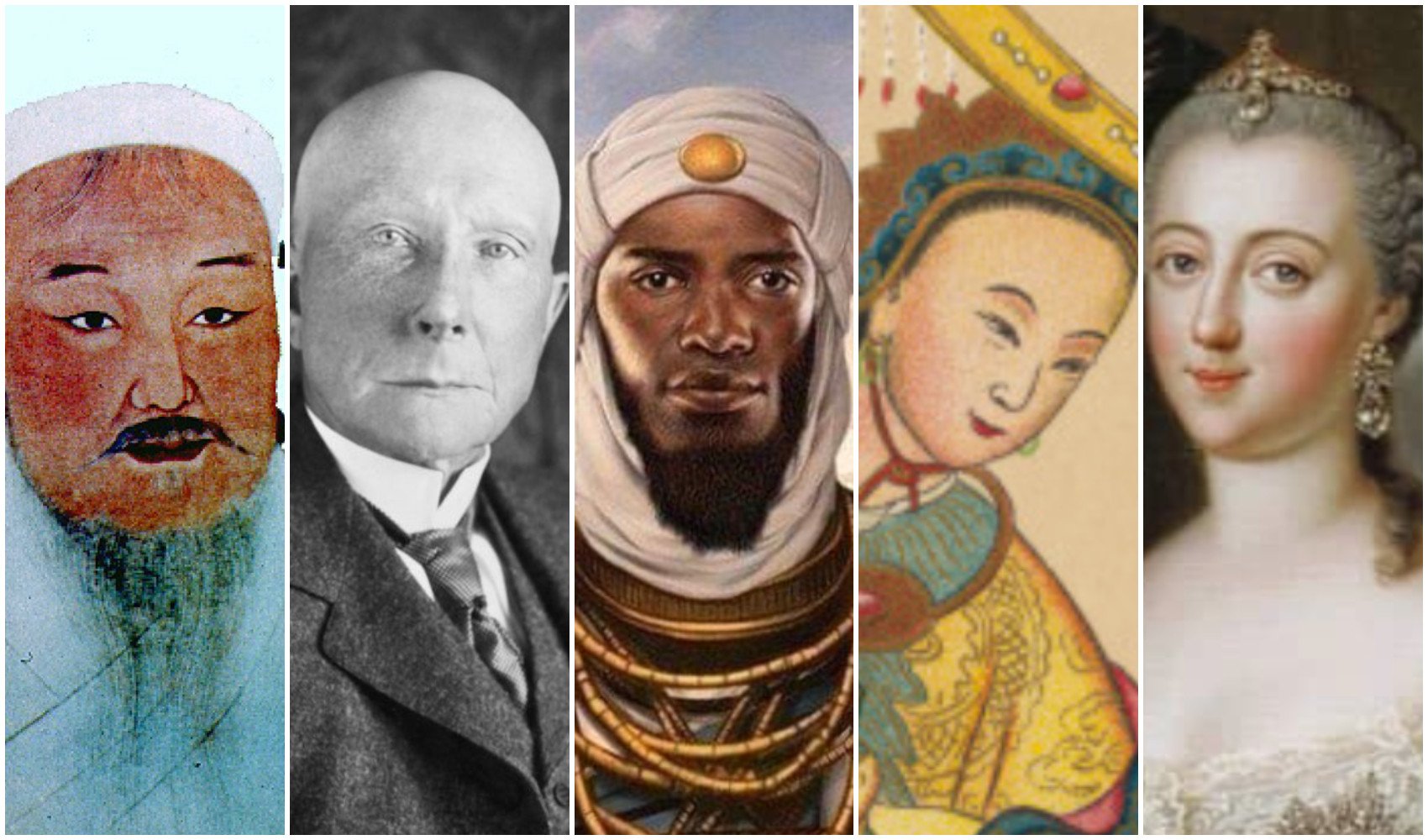 Genghis Khan, John D. Rockefeller, Mansa Musa, Empress Wu and Catherine the Great all had immense wealth. Photos: Handout; Shutterstock; @Dr_TheHistories/Twitter; Mary Evans Picture Library; @catherinee_thee_greatt/Instagram