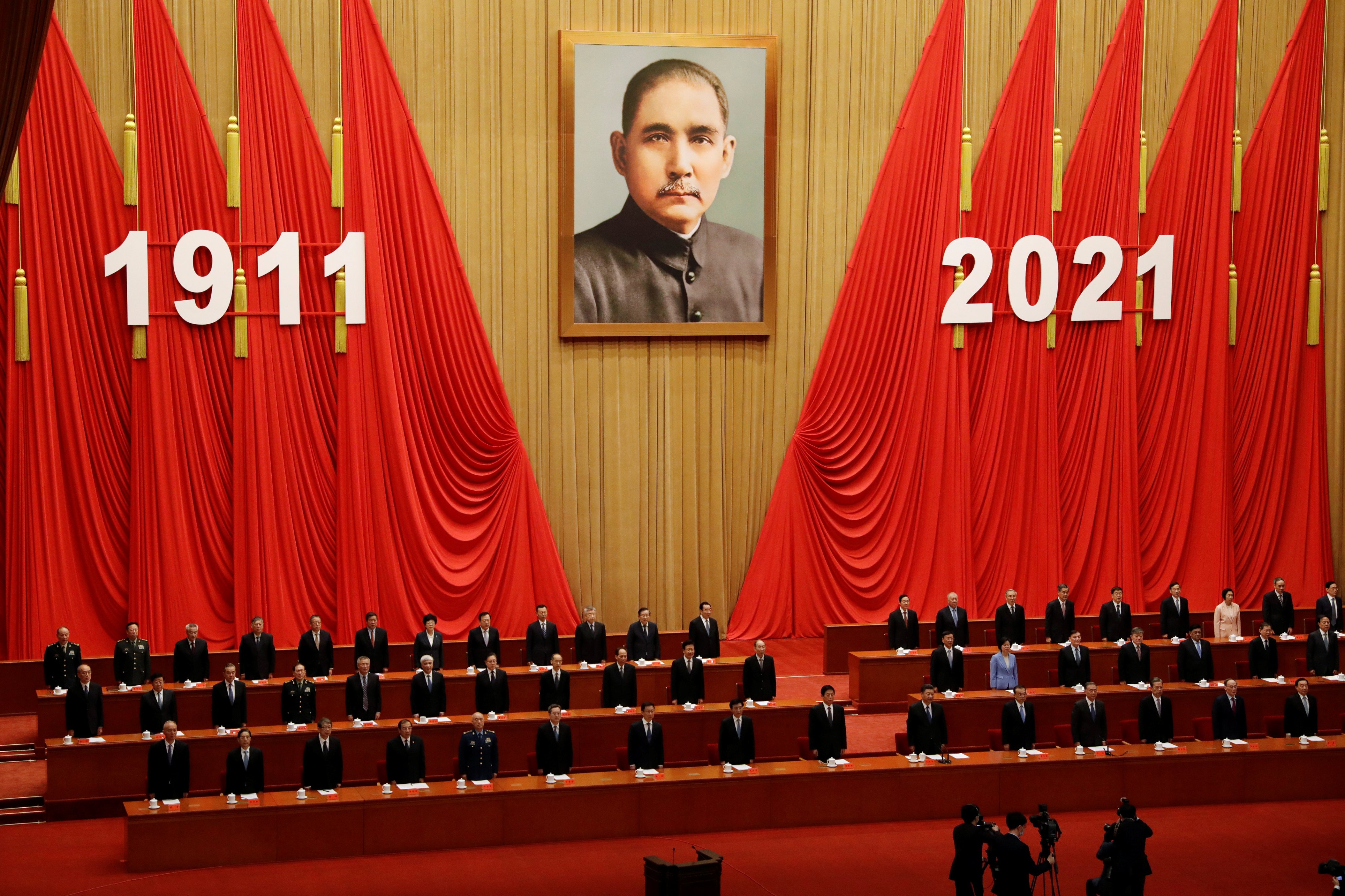 Chinese President Xi Jinping and other leaders stand under a giant portrait of Sun Yat-sen at a meeting commemorating the 110th anniversary of the Xinhai Revolution, at the Great Hall of the People in Beijing, on October 9, 2021. In terms of China’s foreign relations, Sun’s idea that all nations are equal resonates with modern China’s “five principles of peaceful coexistence” and “a world community with a shared future”. Photo: Reuters