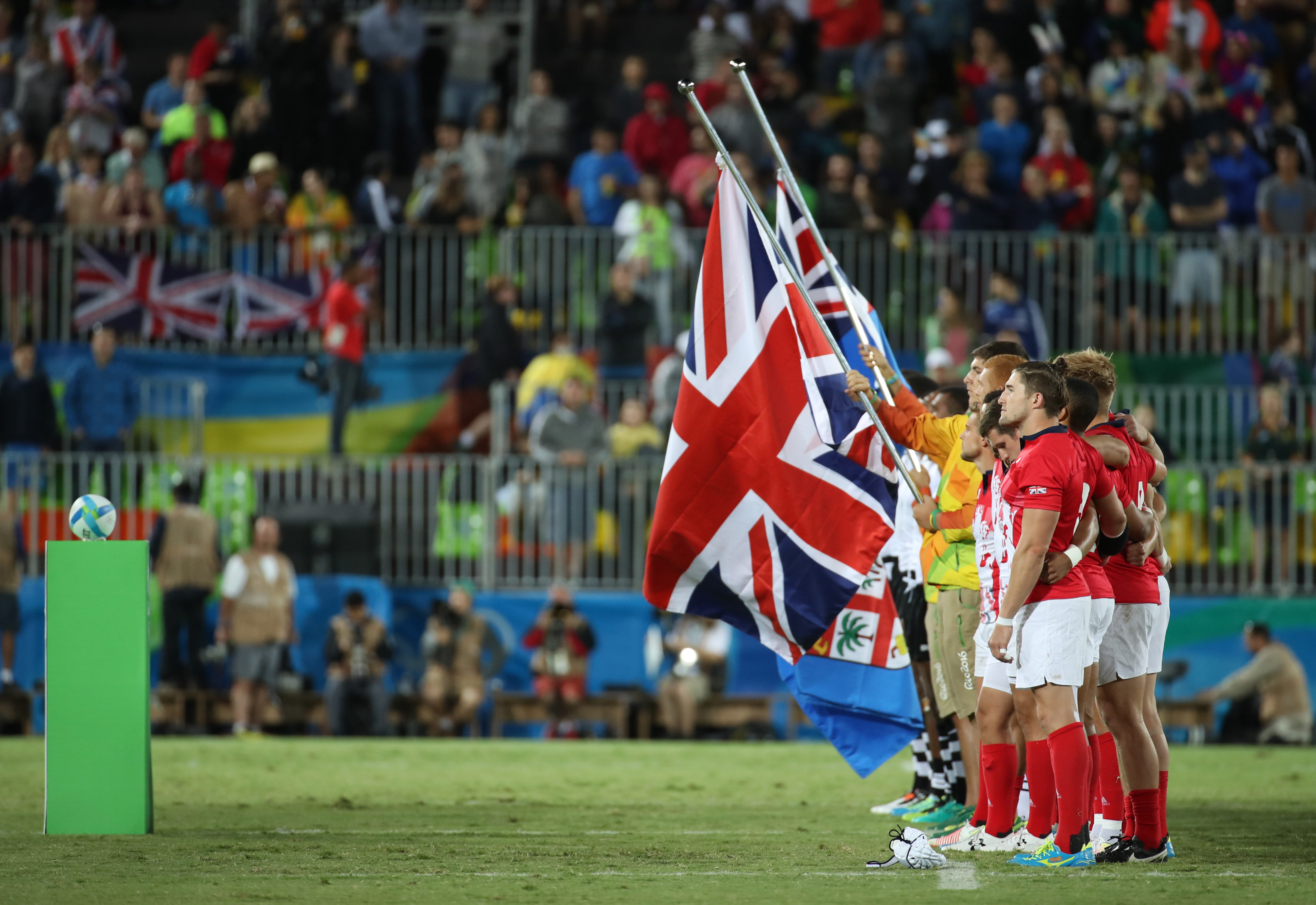 Great Britain line up before the men’s gold medal match against Fiji in the rugby sevens event at the Rio 2016 Olympic Games at Deodoro Stadium in Brazil. Photo: Getty Images