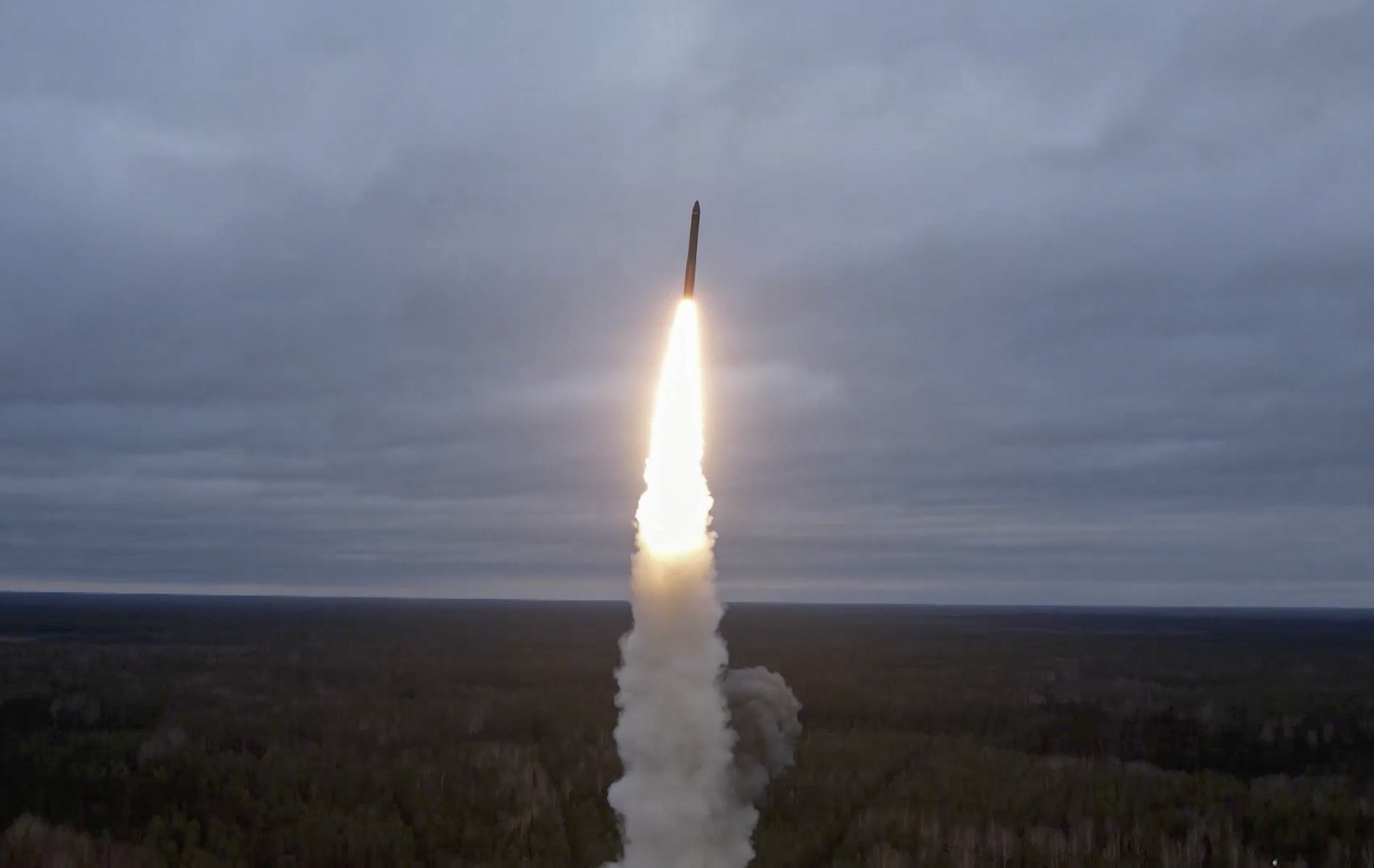 A “Yars” intercontinental ballistic test missile launches at Plesetsk Cosmodrome to Kura Test Range in Plesetsk, Russia on Wednesday. Russia said on Saturday it would take into account the accelerated deployment of modernised US B61 tactical nuclear weapons at Nato bases in Europe. Photo: EPA-EFE / Russian Defence Ministry Press Service 