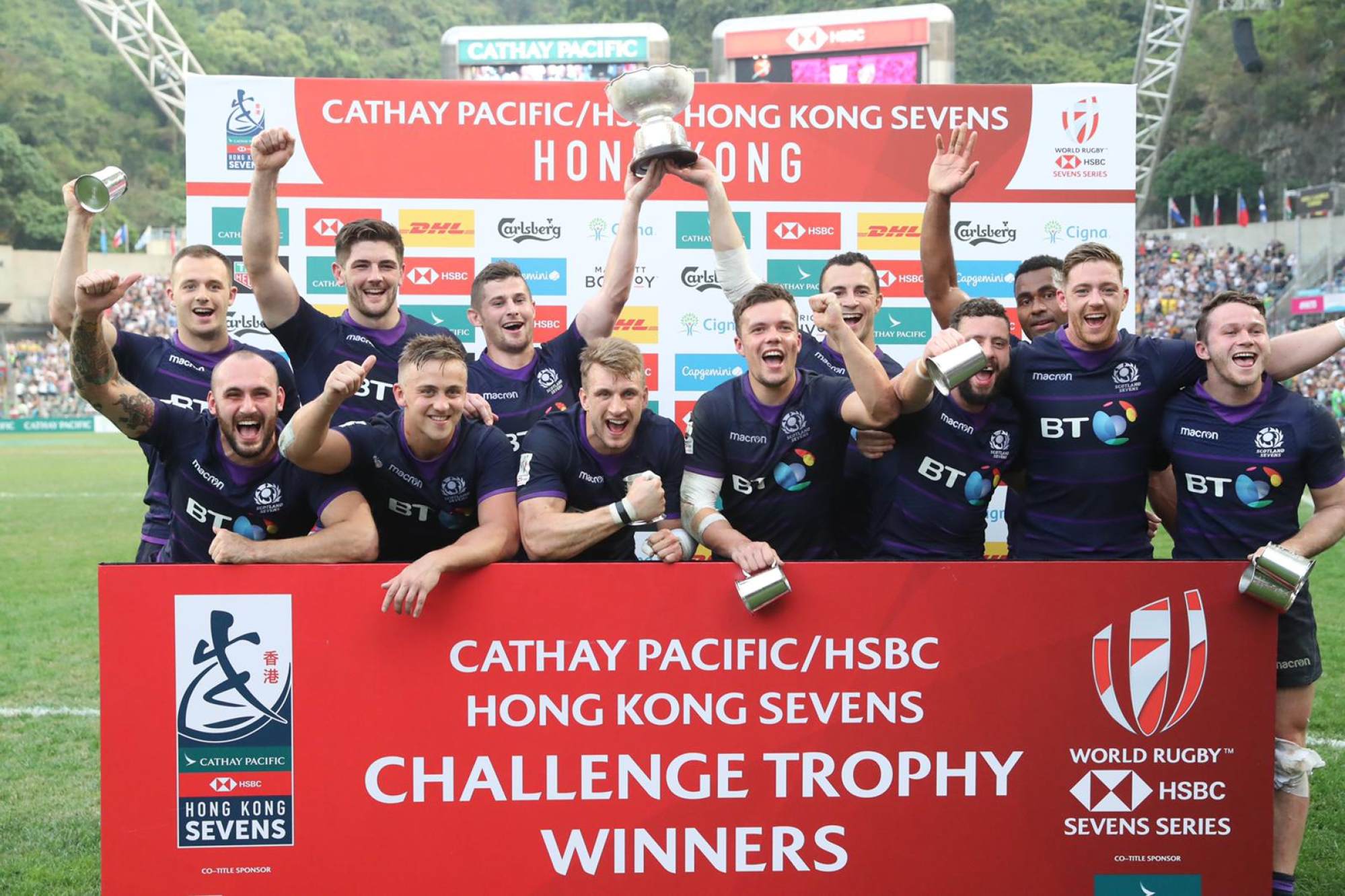 Scotland celebrate winning the Challenge Trophy Final against Japan at the 2019 Hong Kong Sevens. Photo: K.Y. Cheng