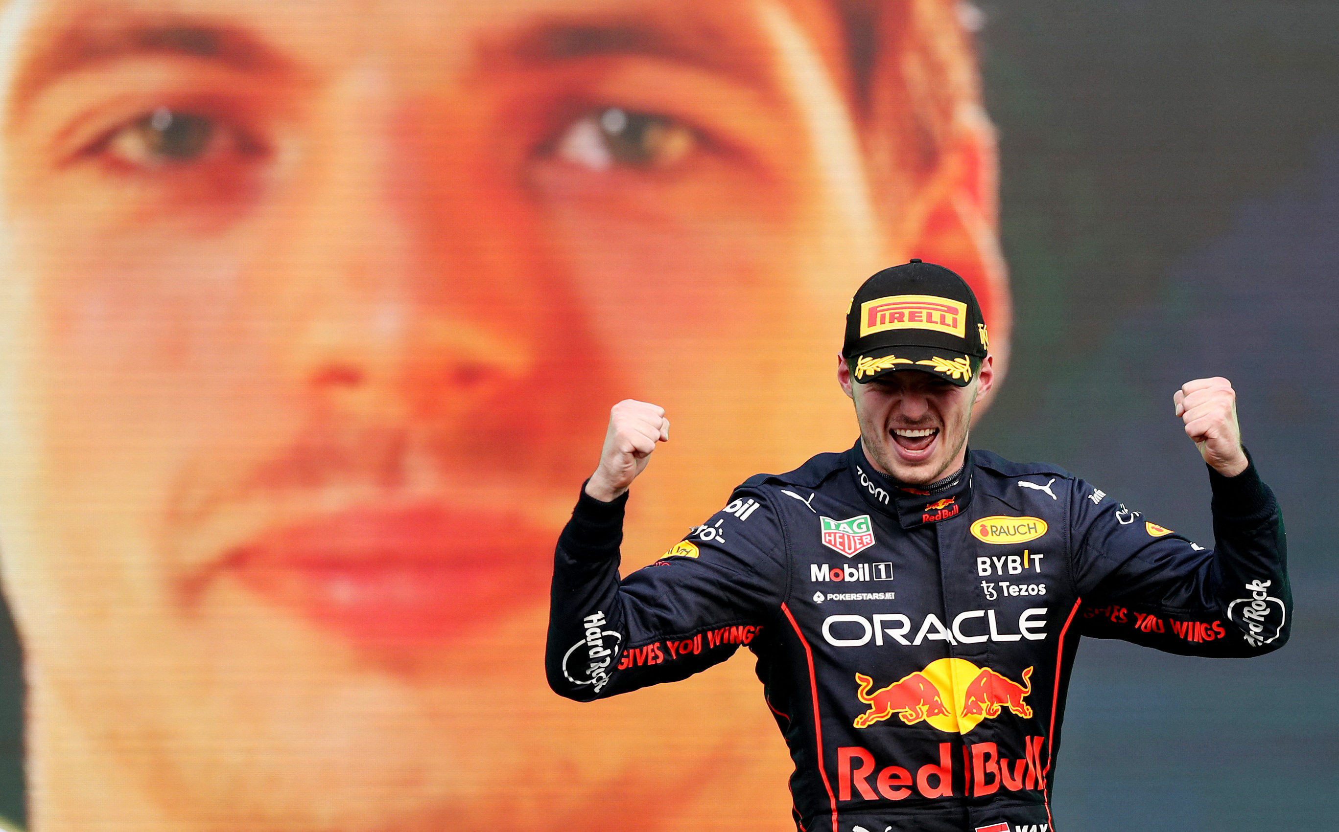 Max Verstappen celebrates after setting a new F1 record of 14 grand prix wins in a season. Photo: Reuters