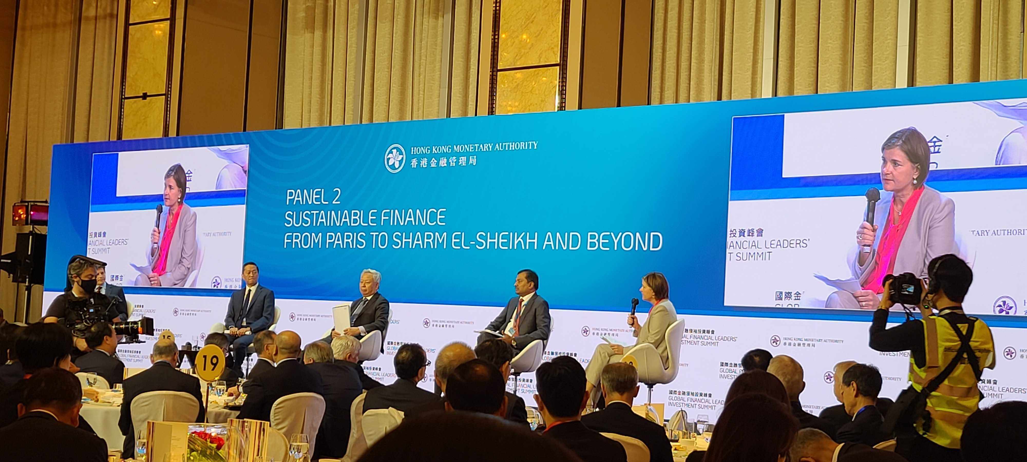 BNY Mellon Investment Management’s chief executive Hanneke Smits (first right), spoke during a panel on sustainable finance, moderated by HKEX’s chief executive Nicolas Aguzin (extreme left) at the Global Financial Leaders’ Investment Summit at the Four Seasons Hotel on 2 November 2022. Photo: Enoch Yiu. 