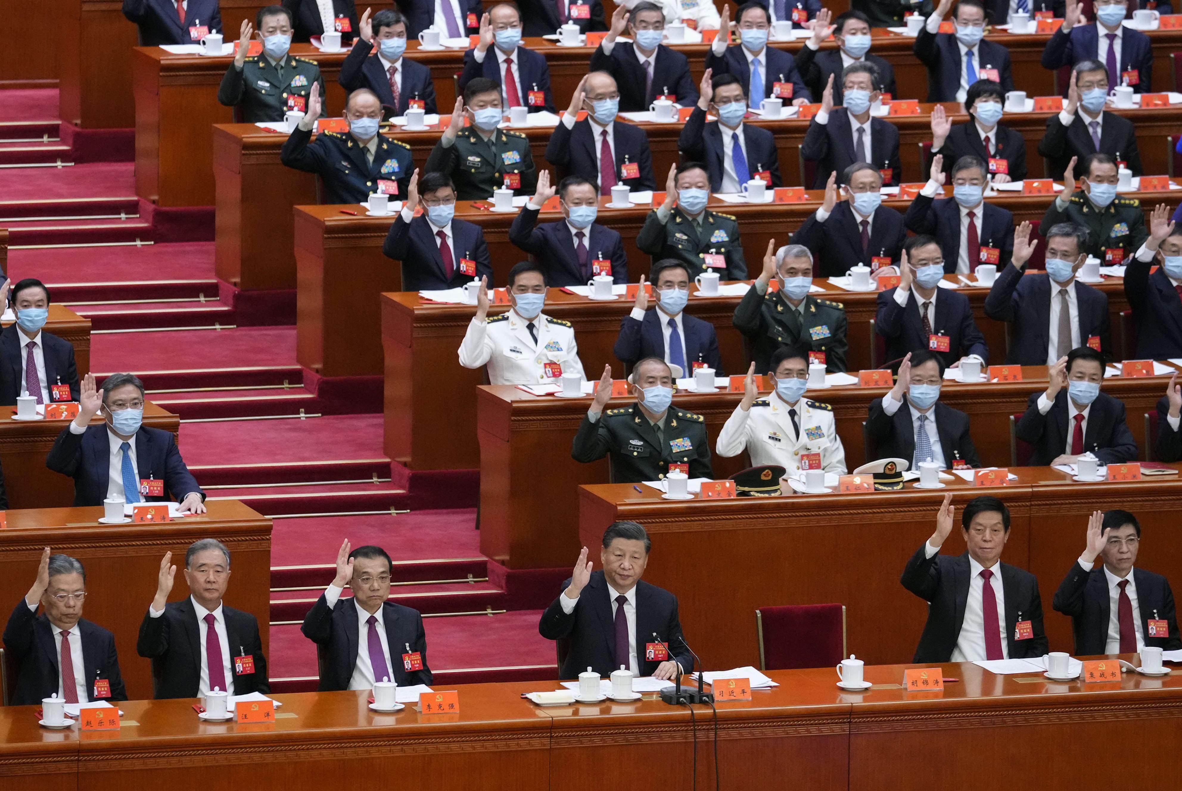 Chinese President Xi Jinping shown during the Communist Party’s 20th national congress on October 22, 2022 in Beijing. Stock markets fell after Xi secured a third term. Photo: Kyodo