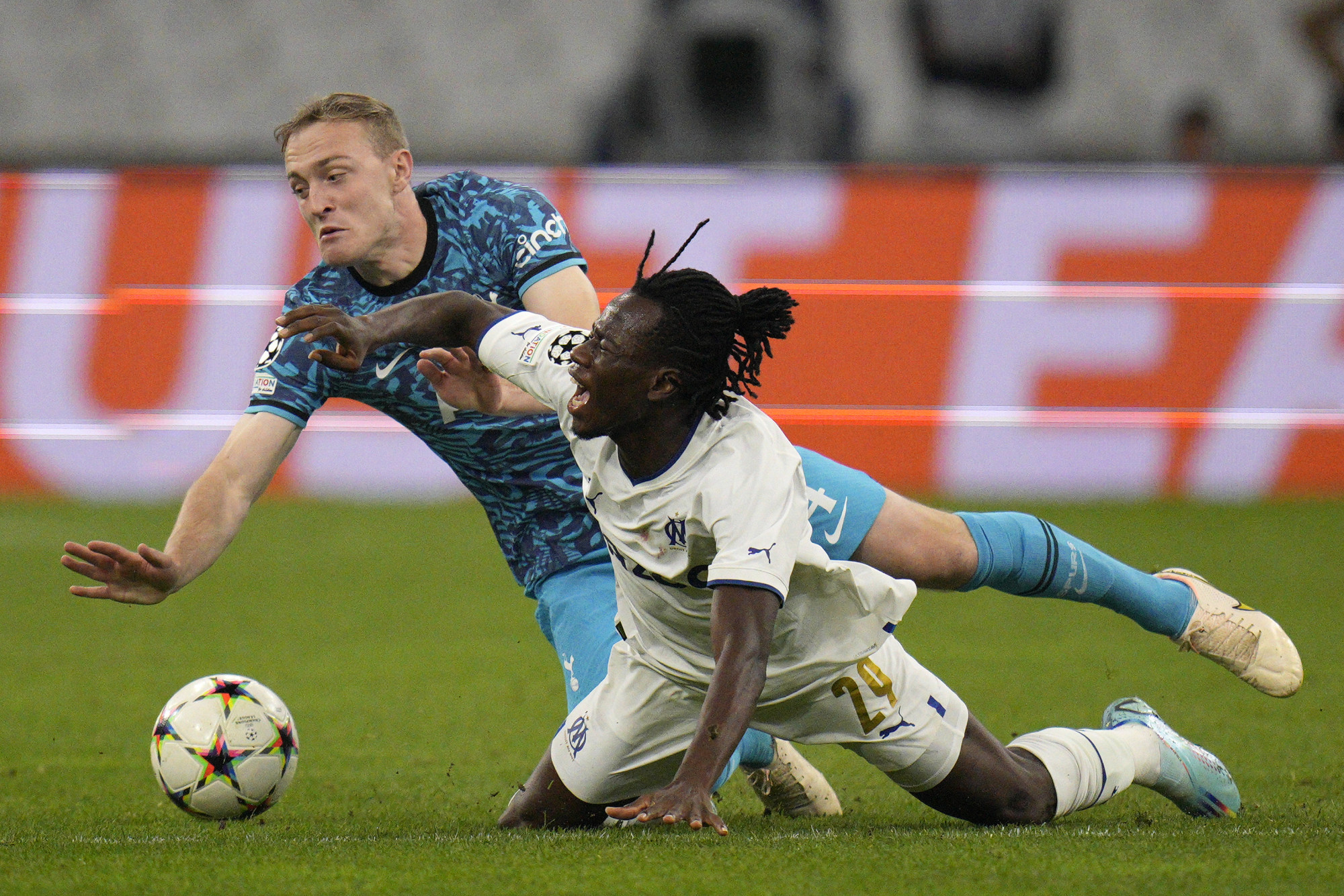 Tottenham’s Oliver Skipp challenges Marseille’s Issa Kabore during the Champions League Group D match. Photo: AP