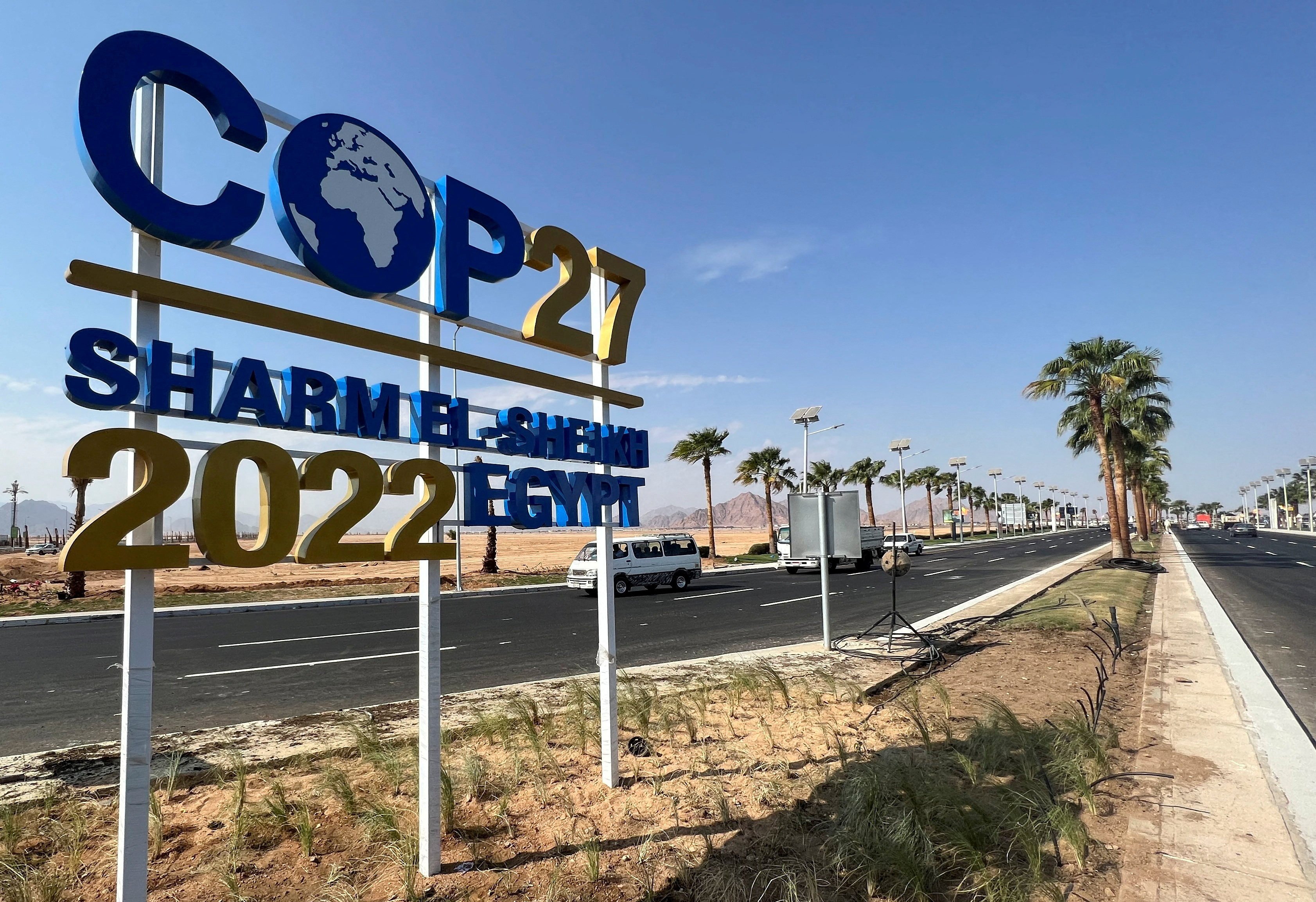 A COP27 sign on a road in Egypt’s Sharm el-Sheikh, this year’s host city, on October 20. Photo: Reuters