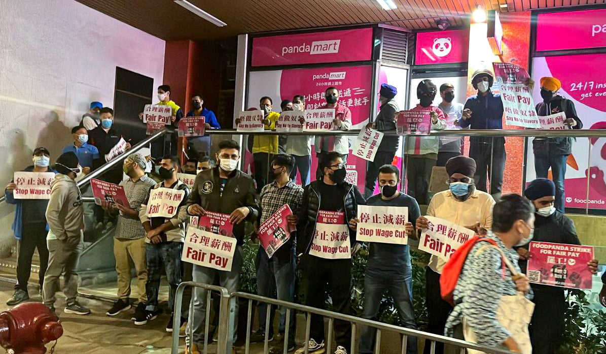 Striking couriers at takeout delivery firm Foodpanda vent their grievances in Central on Thursday. Photo: Facebook.