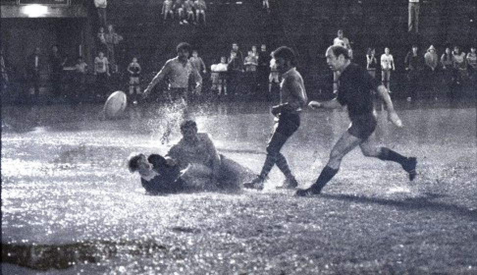 The Hong Kong Football Club pitch resembles a lake at the Sevens in 1980. Photo: SCMP