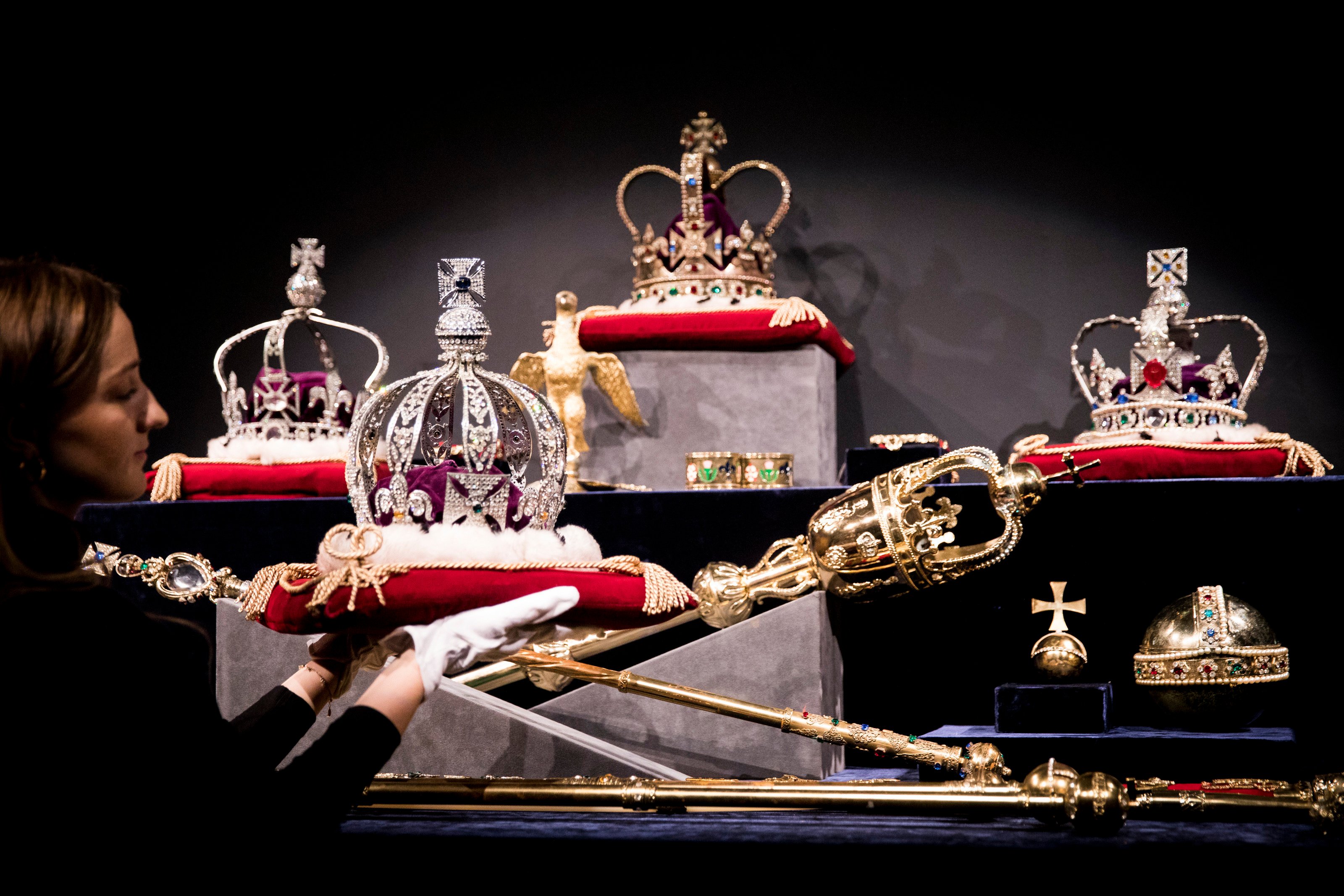 One of the replica sets of the British Crown Jewels made for Queen Elizabeth’s coronation in 1953, on display at Sotheby’s London in January 2018, ahead of being auctioned off. Photo: Getty Images