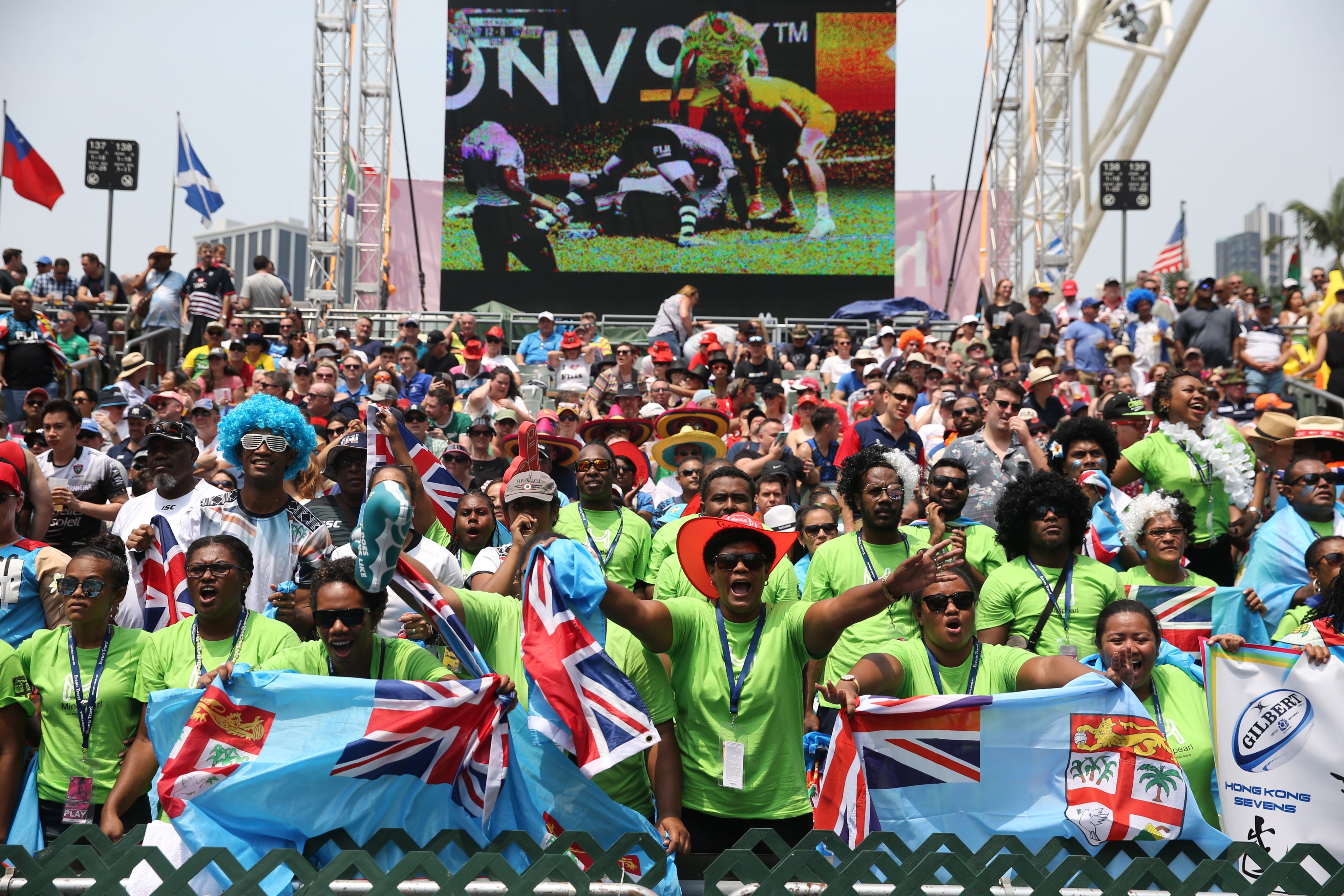 Fiji fans cheer their team on in the South Stand during the 2019 Hong Kong Sevens at Hong Kong Stadium. Photo: SCMP