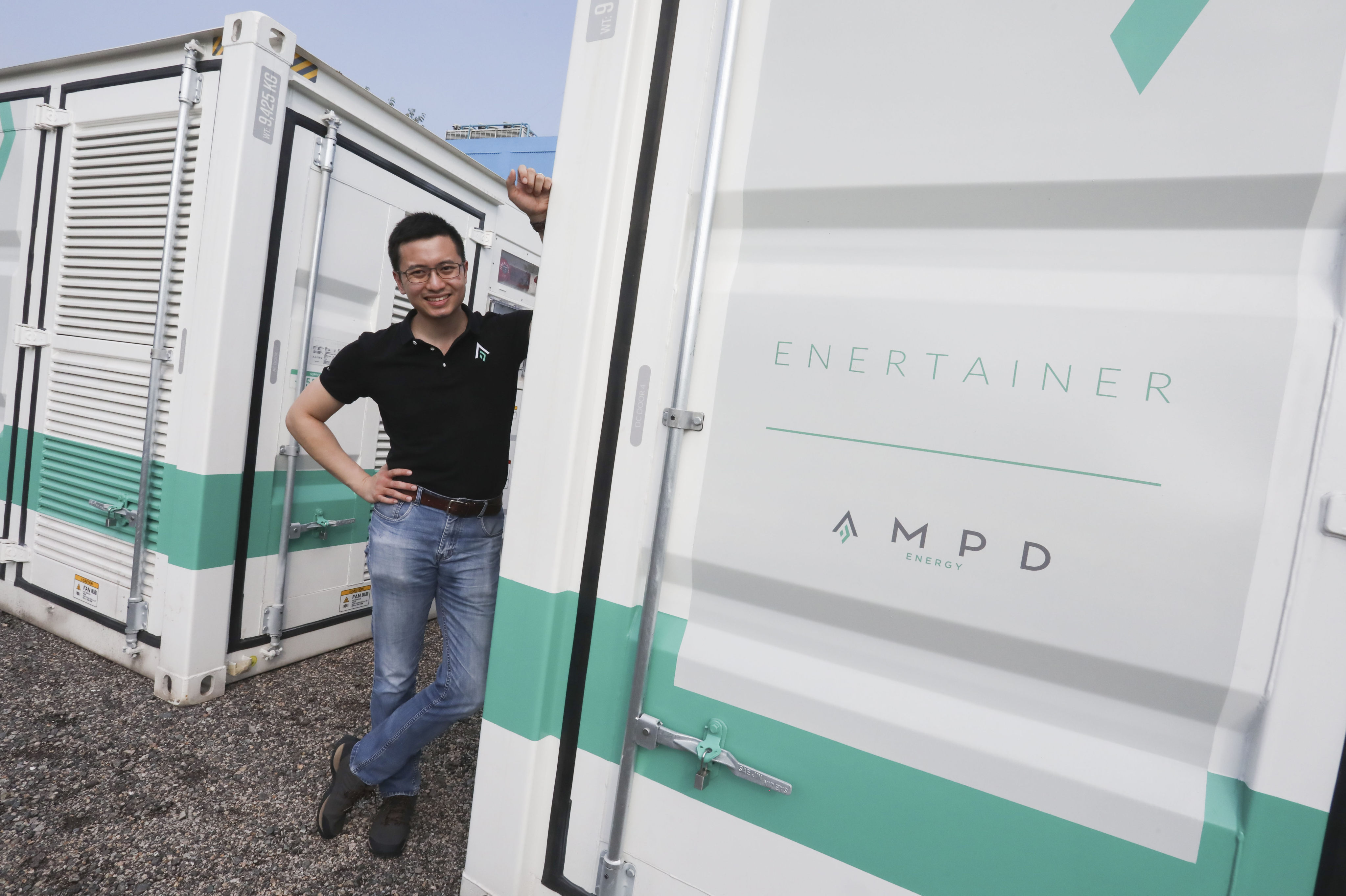 Ampd Energy’s CEO Brandon Ng with an AMPD Enertainer, which has been nominated for Prince William’s Earthshot Prize. Photo: Jonathan Wong