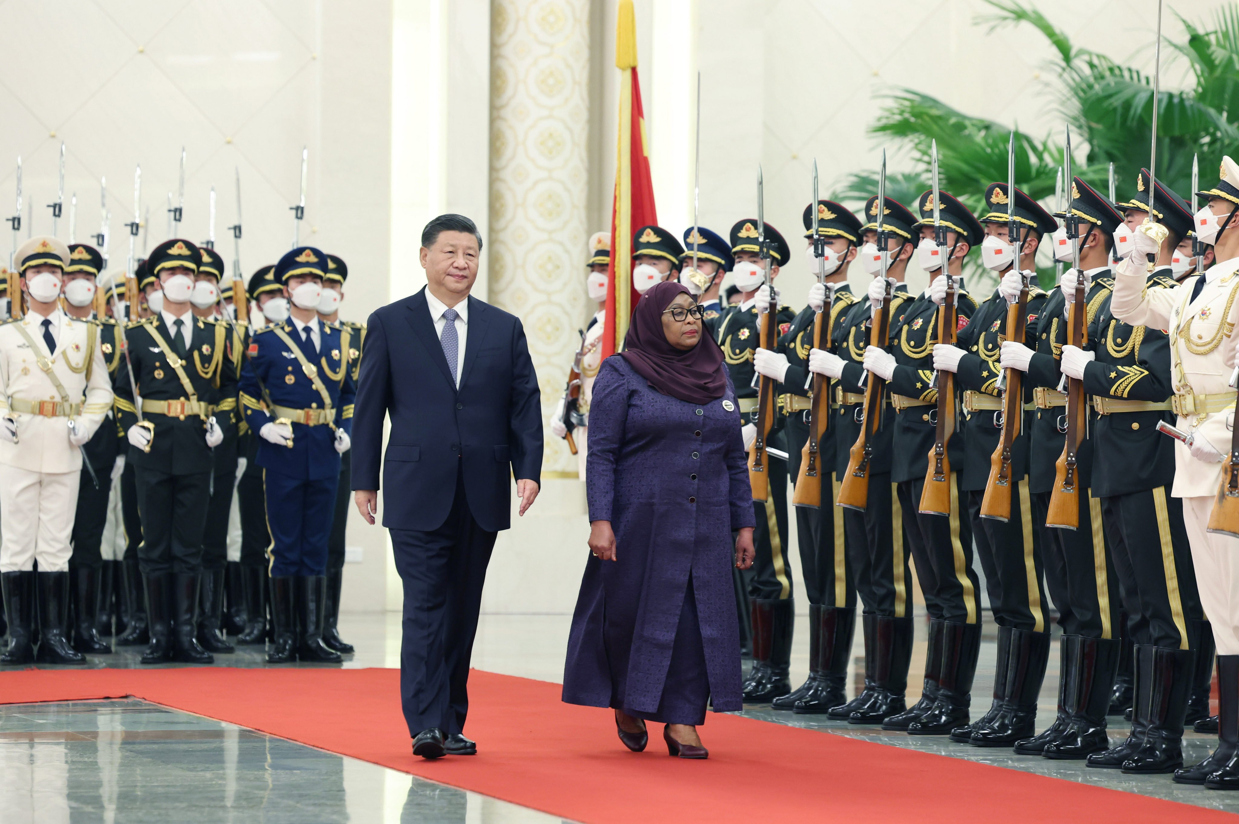 Chinese President Xi Jinping welcomes his Tanzanian counterpart Samia Suluhu Hassan ahead of talks at the Great Hall of the People in Beijing. Photo: Xinhua
