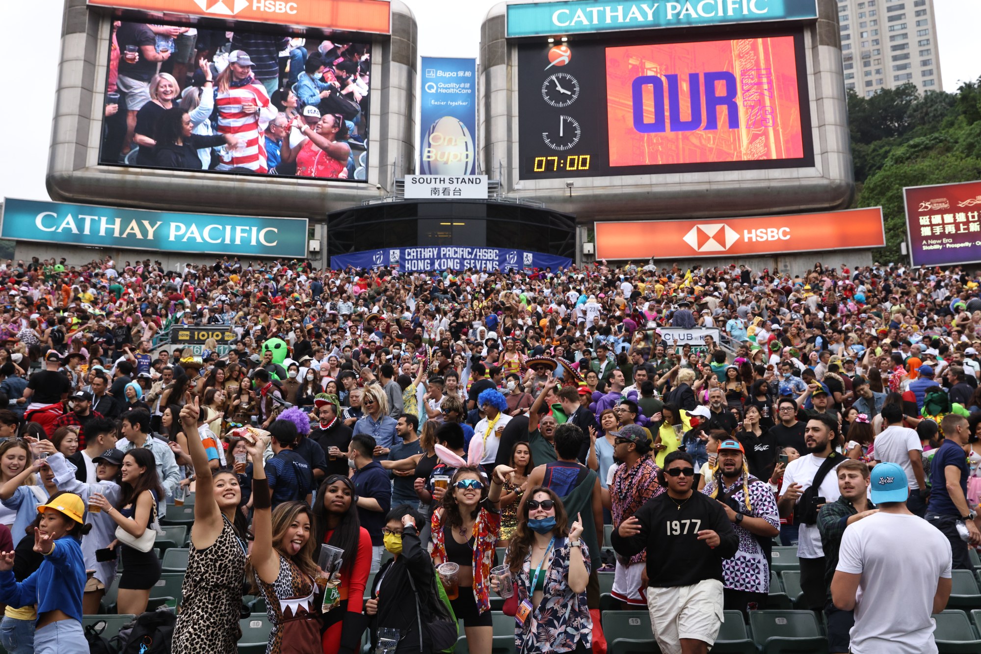 Fans in the South Stand enjoy the action on the second day of the Cathay Pacific/HSBC Hong Kong Sevens. Photo: K. Y. Cheng