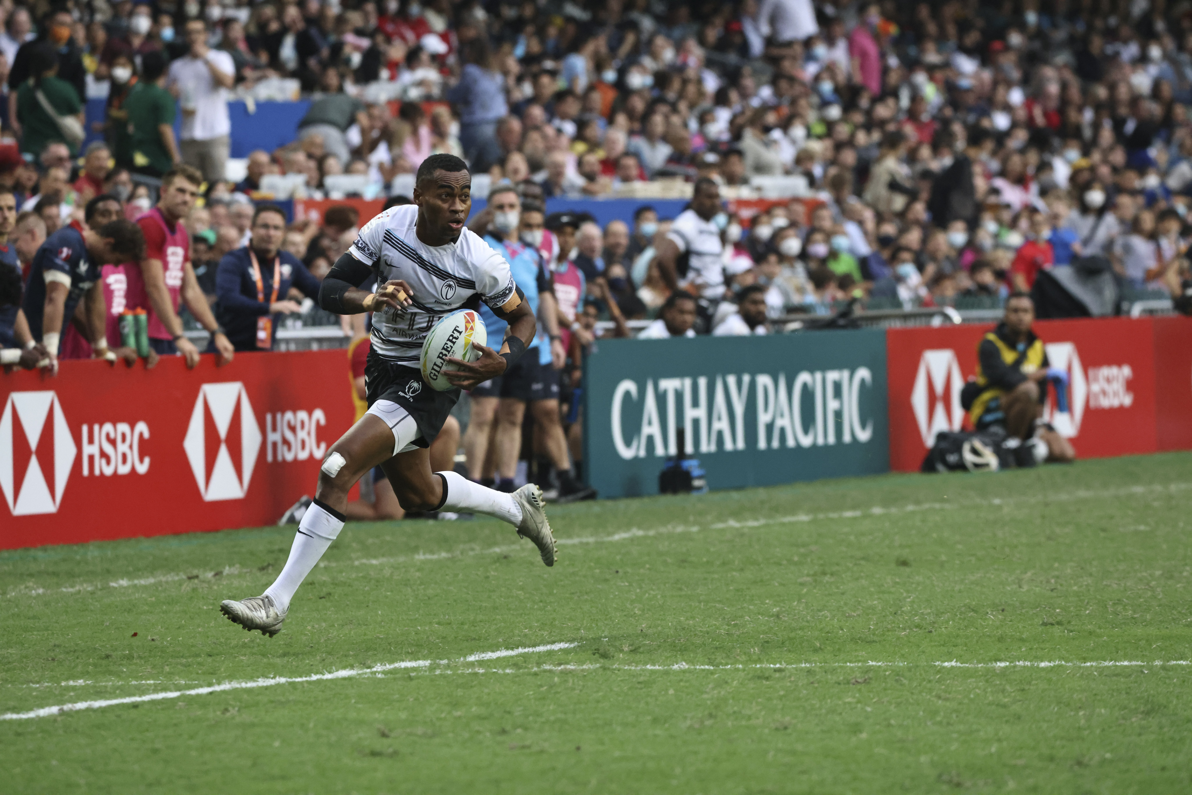 Fiji’s Vuiviawa Naduvalo races towards the try line against Team USA. Photo: K. Y. Cheng