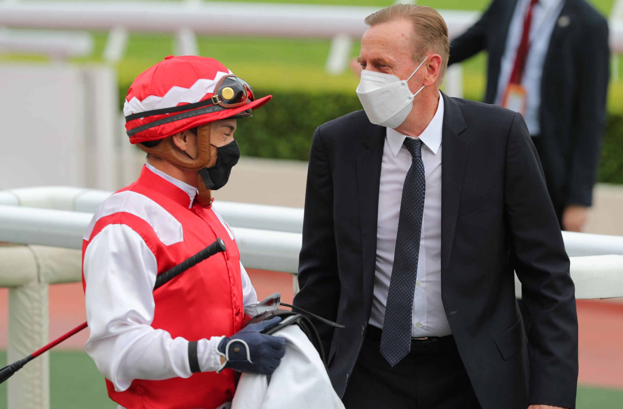 Jockey Alexis Badel and trainer John Size celebrate Accelerando’s maiden-breaking win at Sha Tin on October 23.