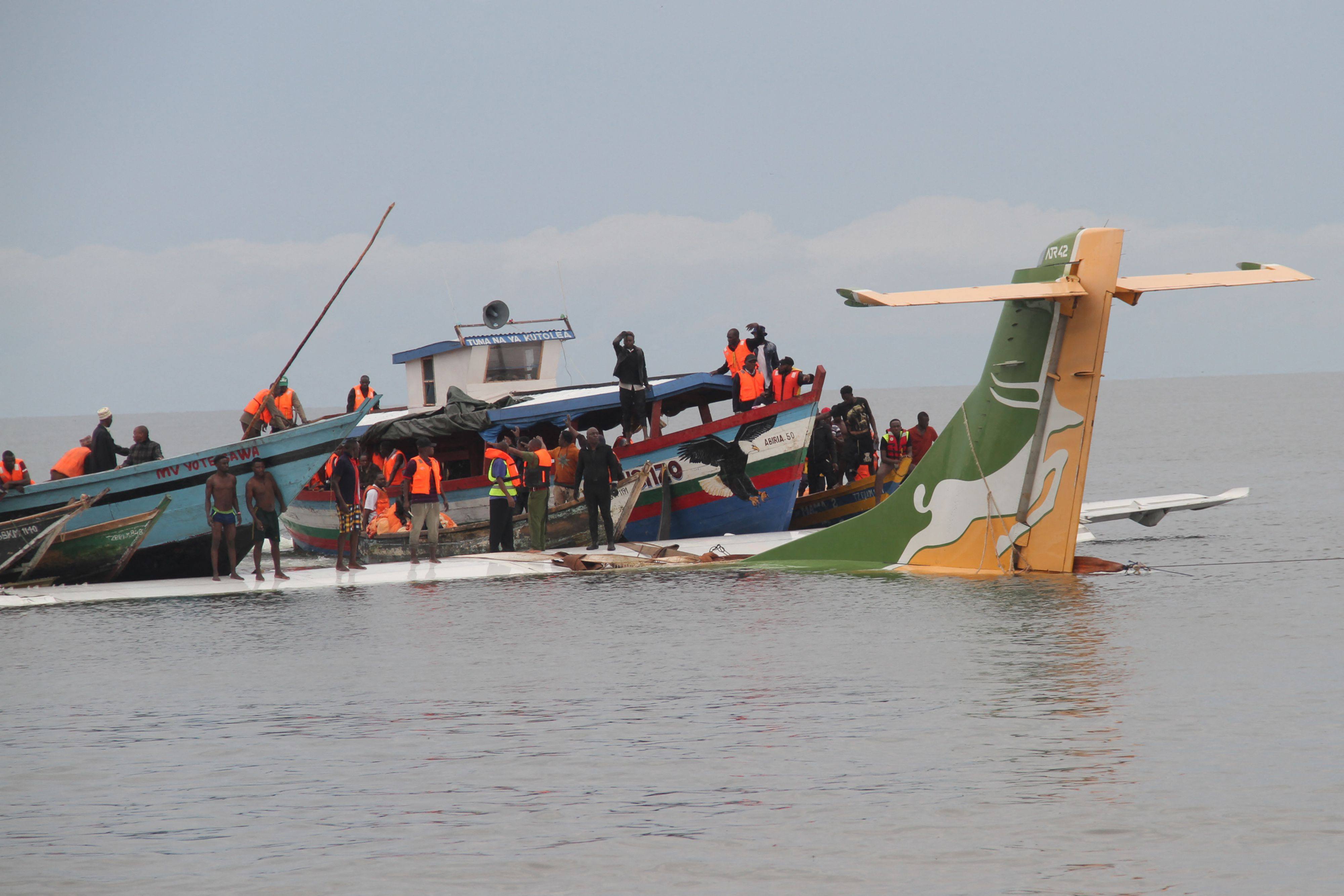 Rescuers search for survivors after a Precision Air flight plunged into Lake Victoria as it attempted to land in the lakeside town of Bukoba, Tanzania on Sunday. Photo: AFP