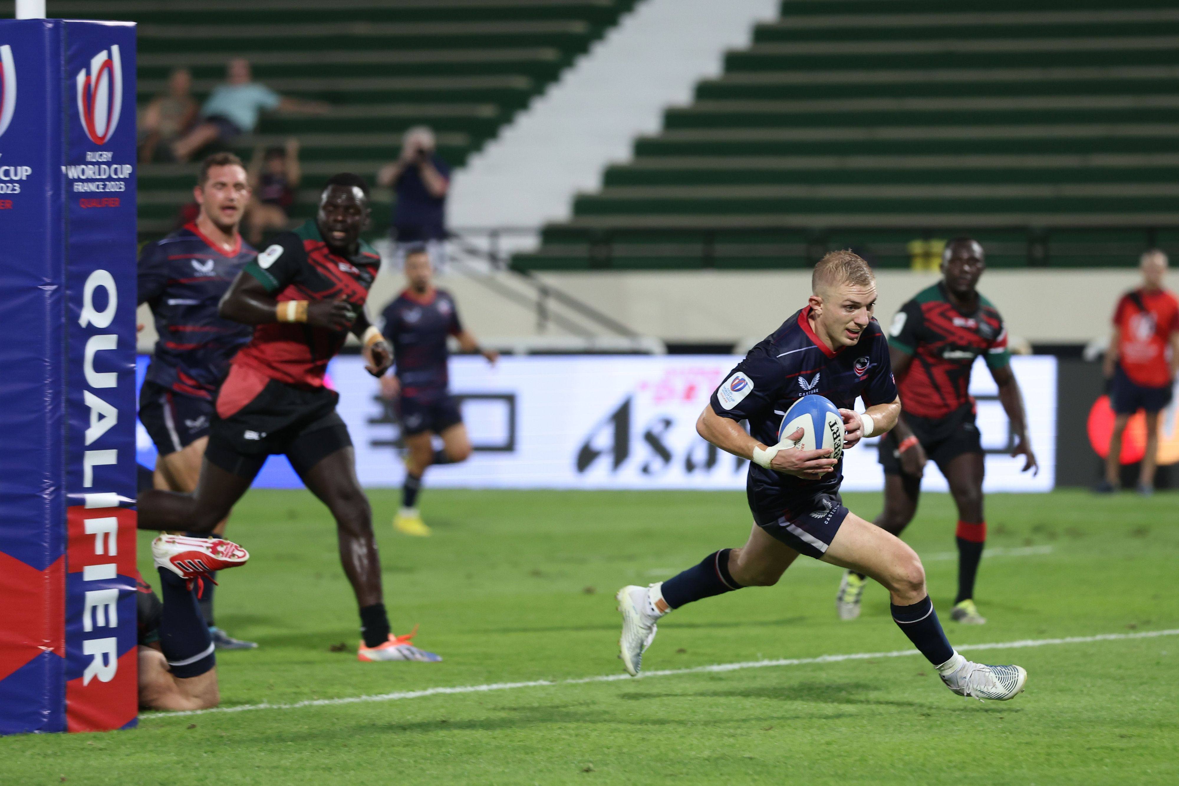 USA’s Mitch Wilson scores against Kenya in the Rugby World Cup final qualifying tournament at The Sevens Stadium in Dubai. Photo: World Rugby