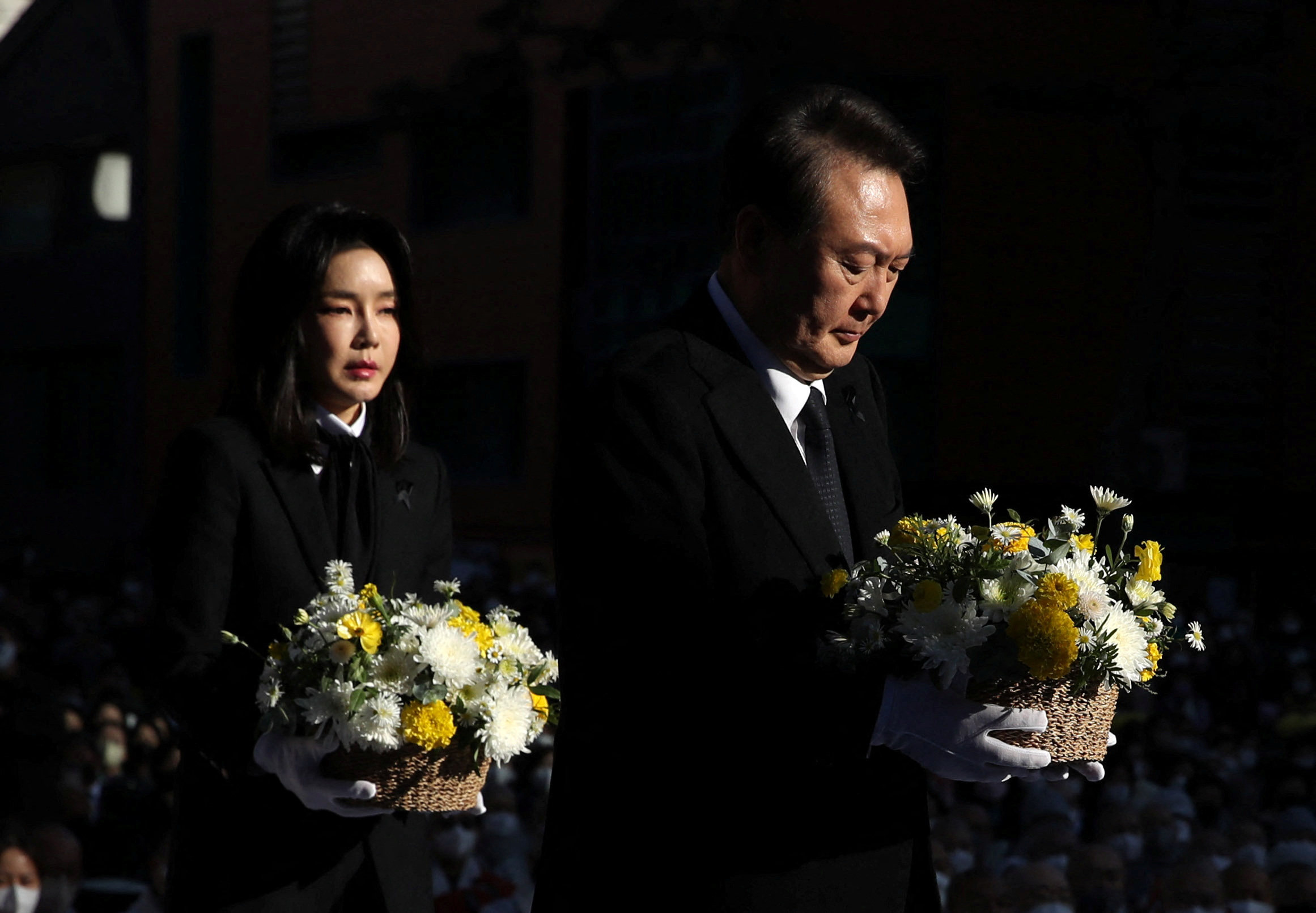 South Korean President Yoon Suk-yeol attends a Buddhist ceremony on Friday commemorating the victims of last month’s crowd crush in Seoul. Photo: Yonhap via Reuters