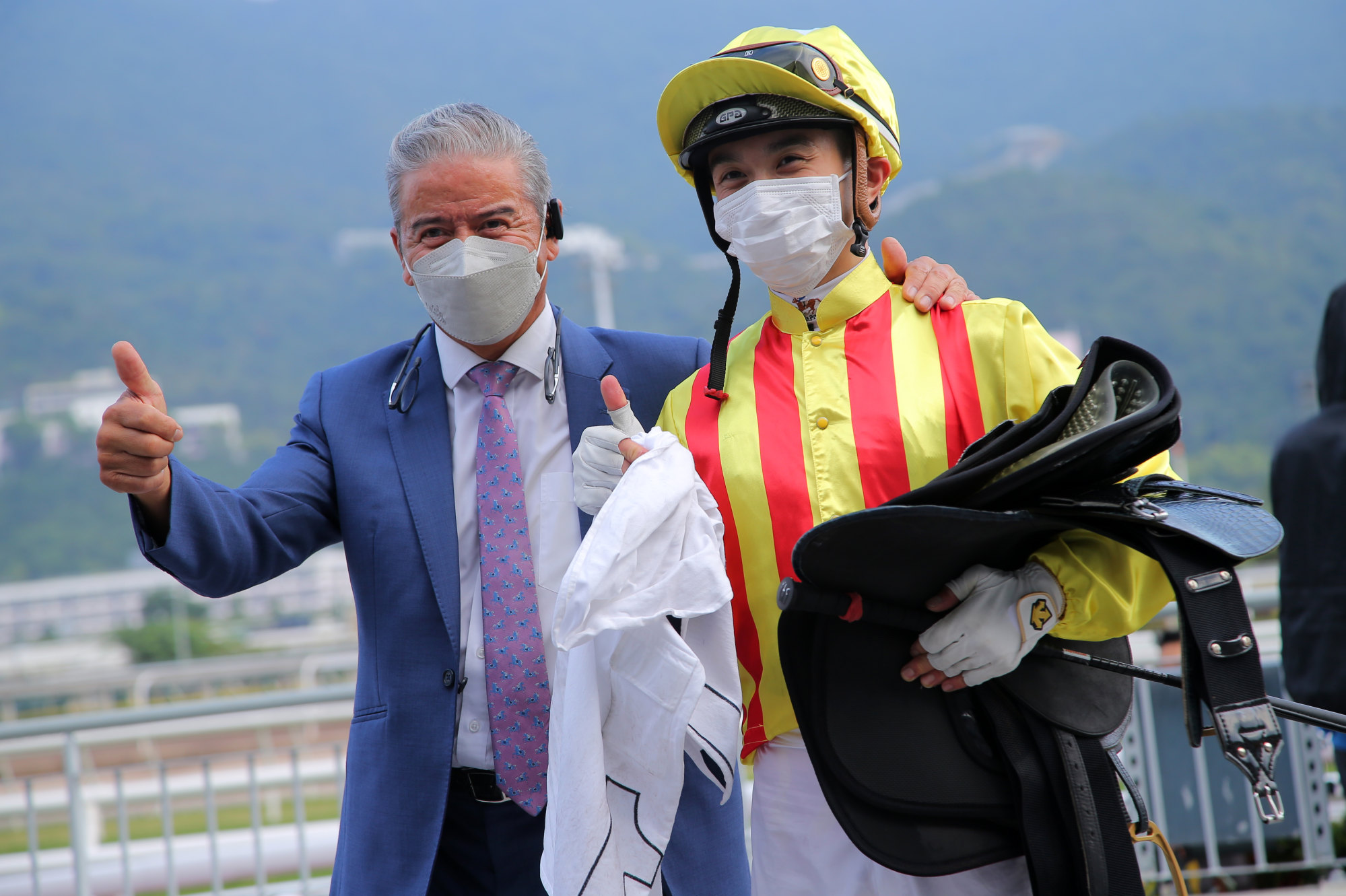 Master trainer Tony Cruz and apprentice jockey Angus Chung celebrate Circuit Stellar’s win at Sha Tin on October 23.