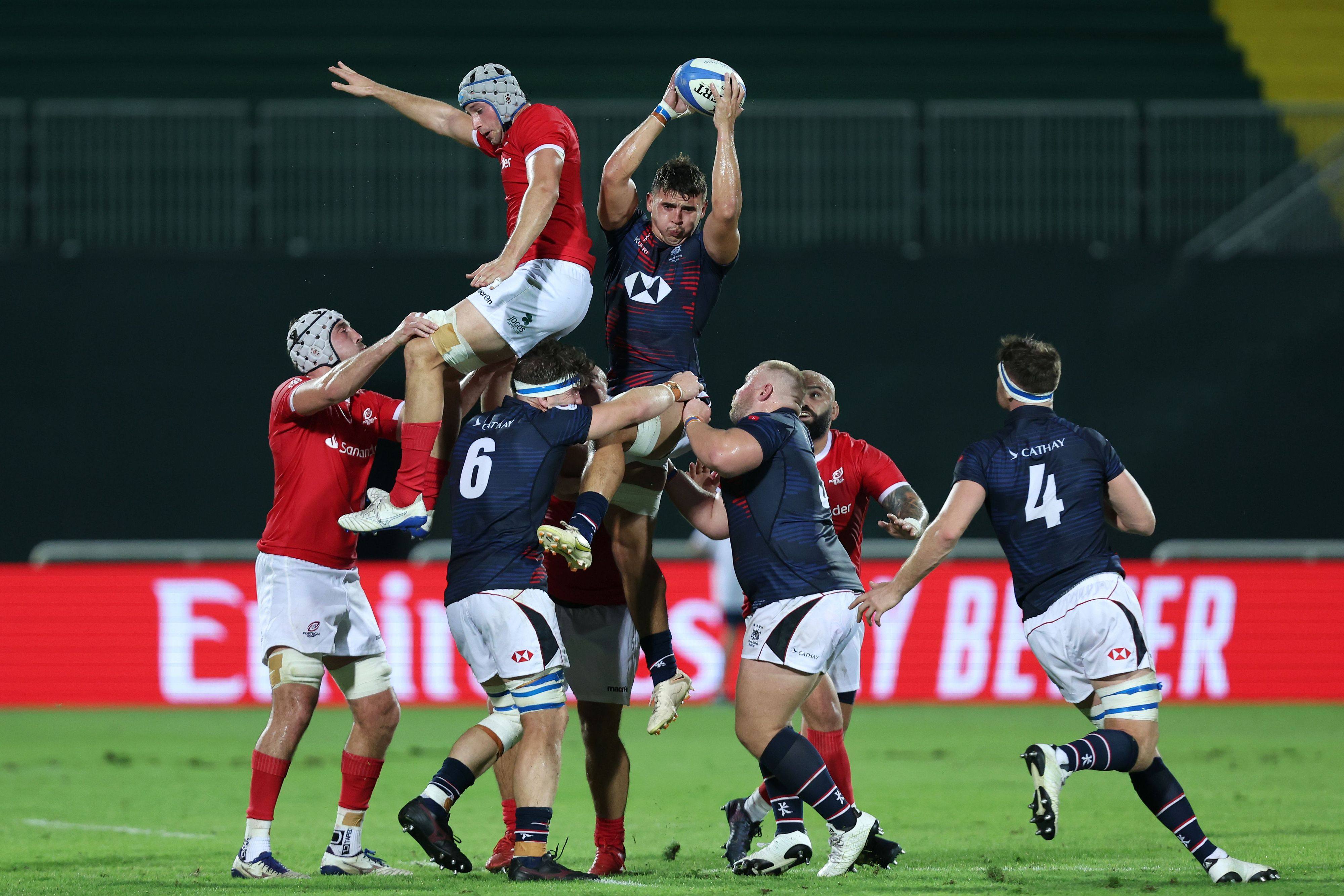 David Carvalho of Portugal loses out to James Sawyer of Hong Kong at the lineout during the 2023 Rugby World Cup Final Qualifying Tournament. Photo: World Rugby
