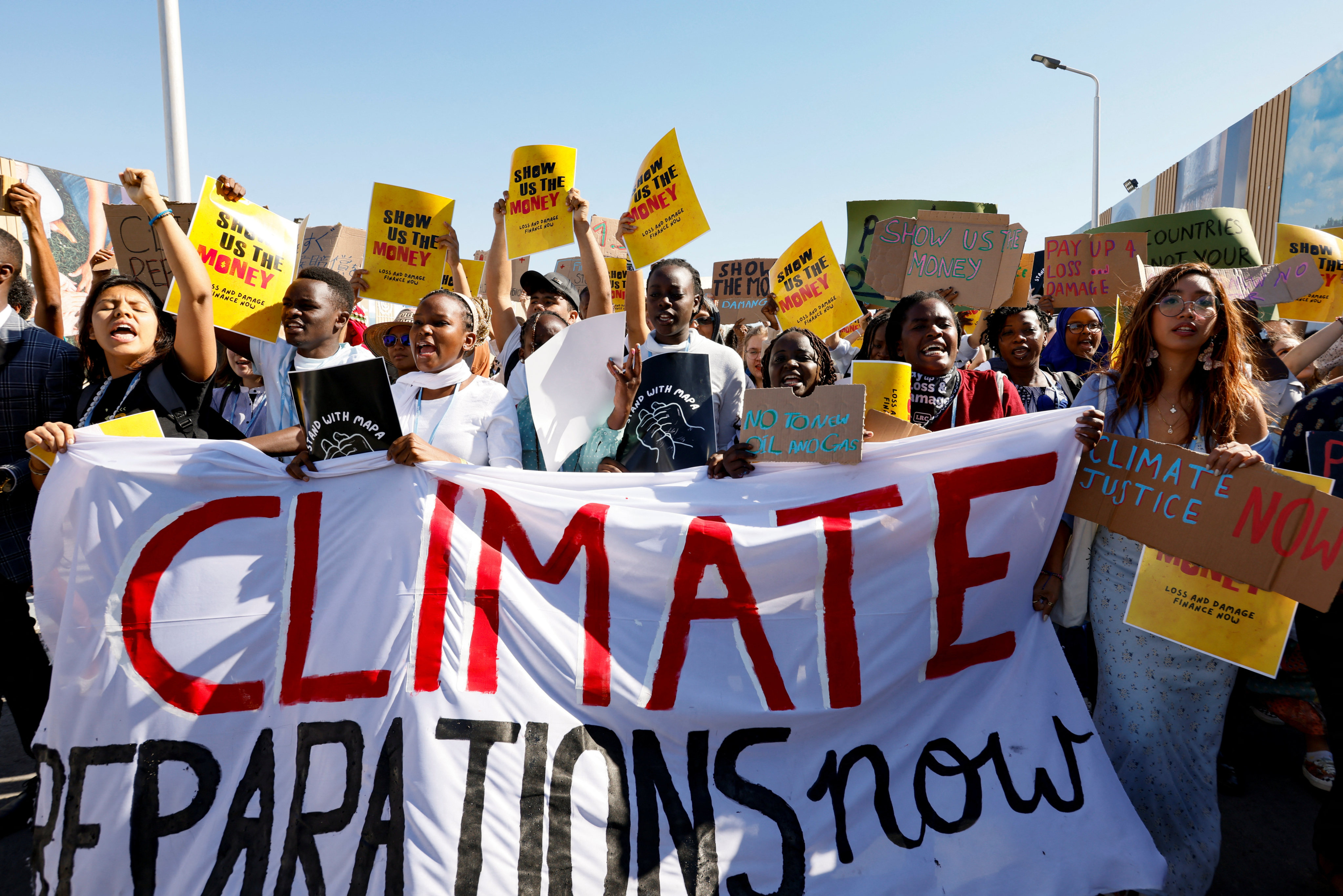 International climate activists demonstrate during the COP27 climate summit, in Sharm el-Sheikh, Egypt. Photo: Reuters