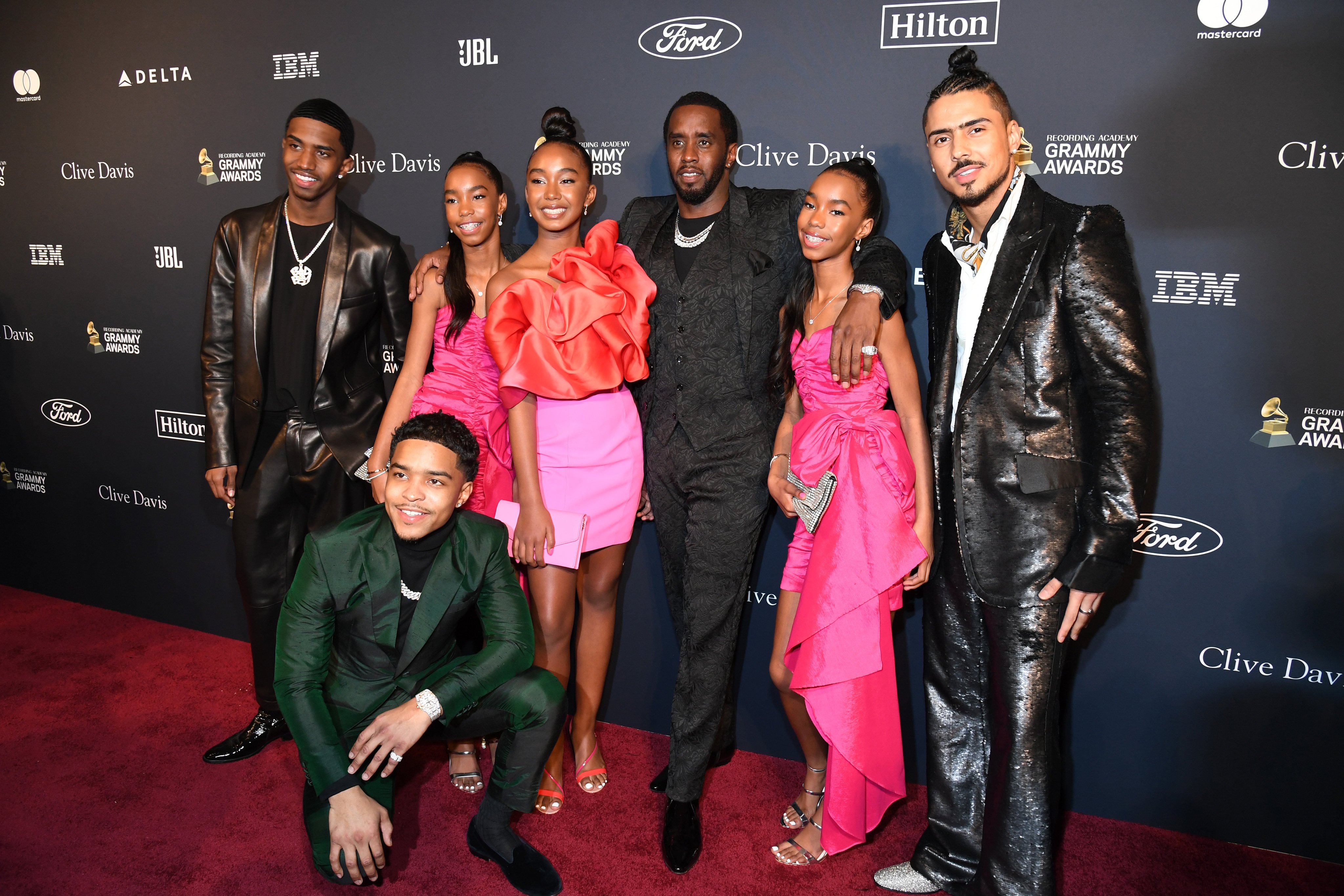 Christian Casey Combs, Jessie James Combs, Justin Dior Combs, Chance Combs, Sean Combs, D’Lila Star Combs, and Quincy Taylor Brown at the Grammys together, in 2020. Photo: Getty Images