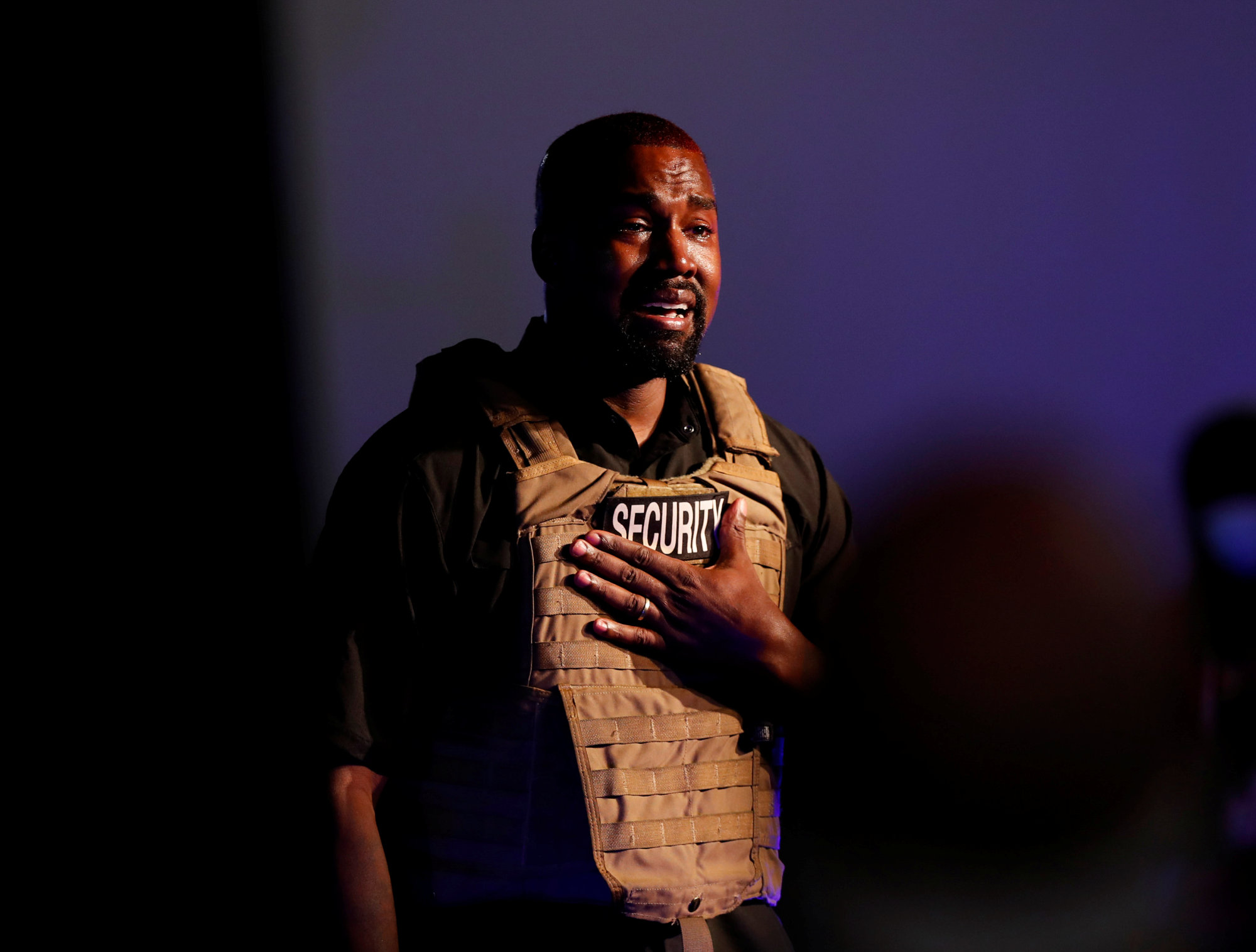 Rapper Ye gets emotional as he holds his first rally in support of his presidential bid in North Charleston, South Carolina in July 2020. Photo: Reuters