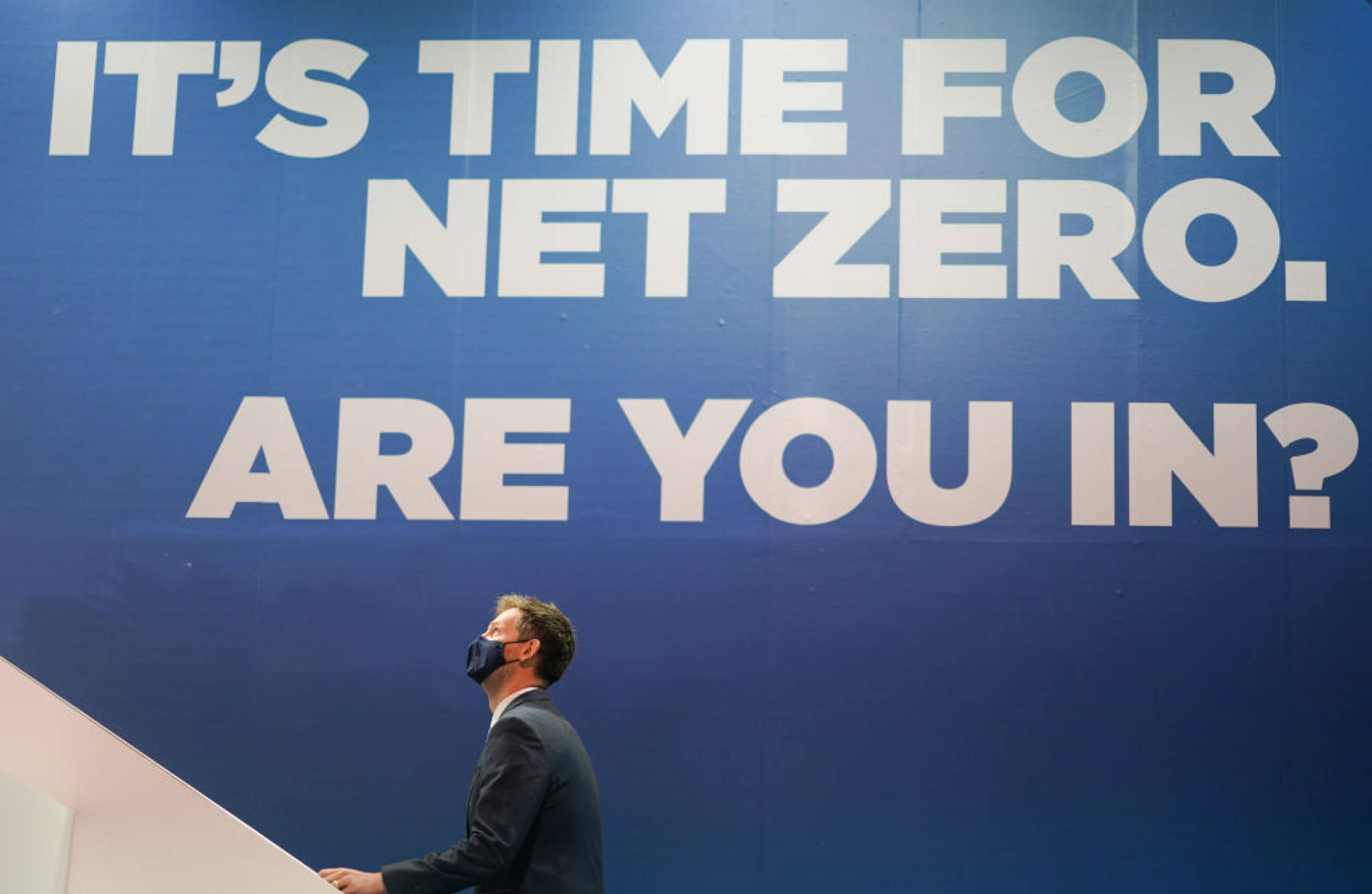 A poster promoting net zero emissions, at COP26 in Glasgow, UK, on November 1, 2021. Photo: Getty Images