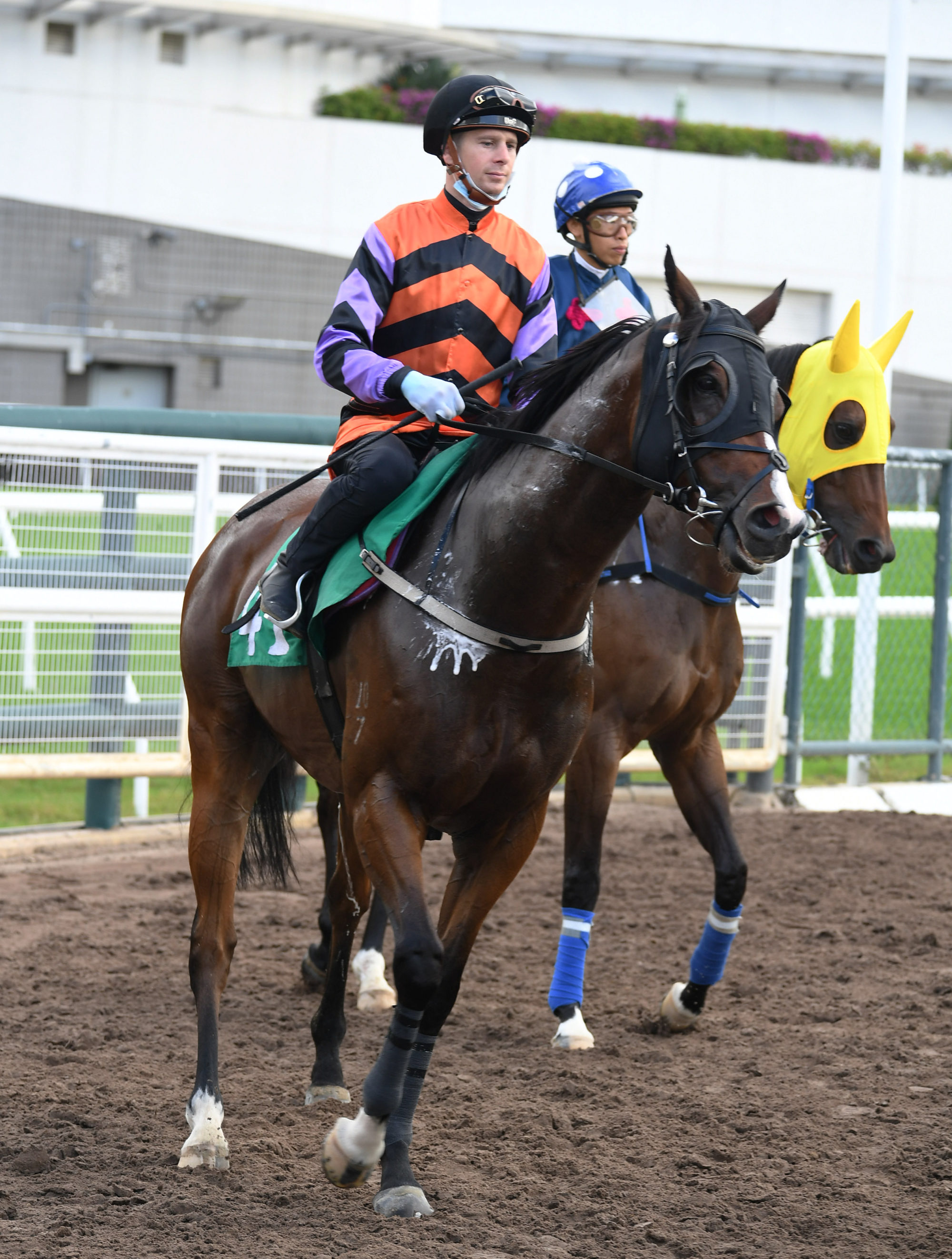 Jye McNeil takes Shiny Two out to trial at Sha Tin on Friday morning.