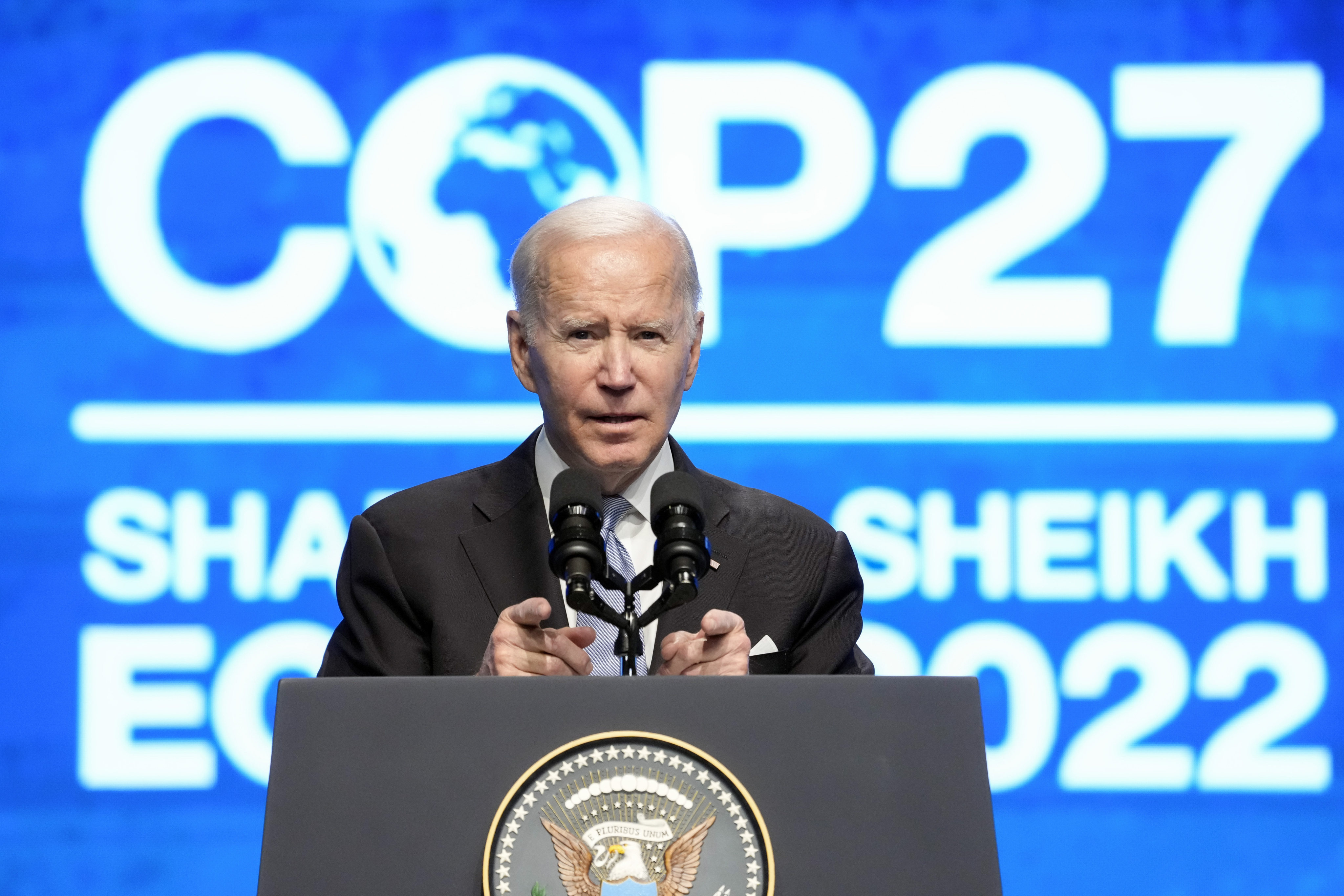 US President Joe Biden speaks at the COP27 UN Climate Summit in Sharm el-Sheikh, Egypt on Friday. Photo: AP