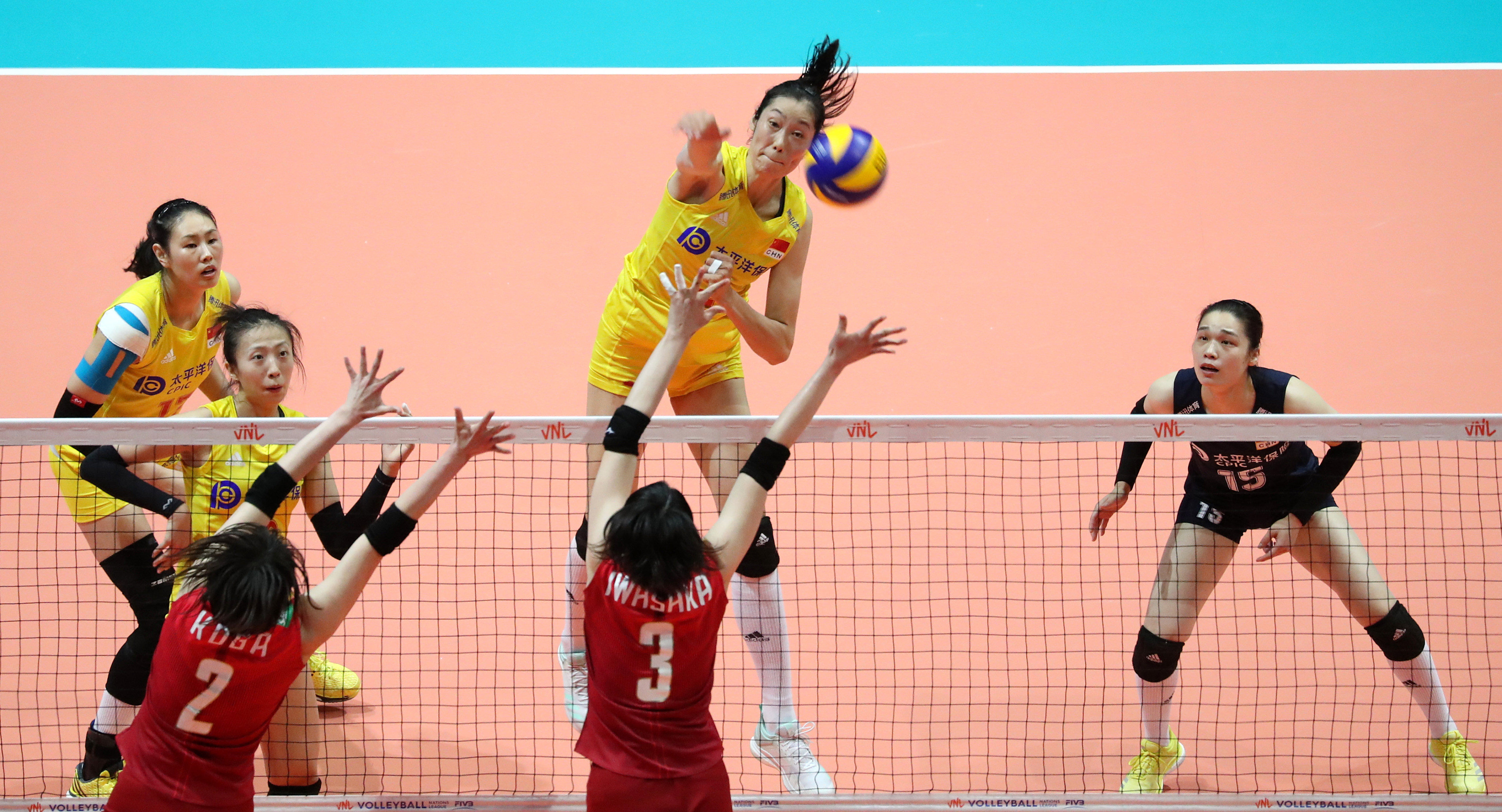 Zhu Ting of China spikes the ball during the FIVB Women’s Volleyball Nations League game against Japan at the Coliseum in Hung Hom in June 2019. Photo: K. Y. Cheng