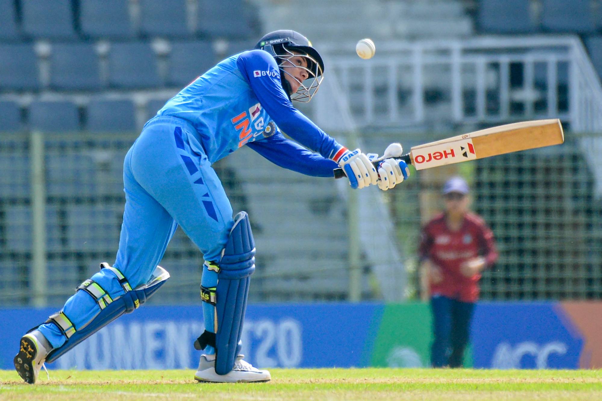 India’s Smriti Mandhana plays a shot during the women’s Asia Cup semi-final against Thailand at Sylhet International Stadium. Photo: AFP