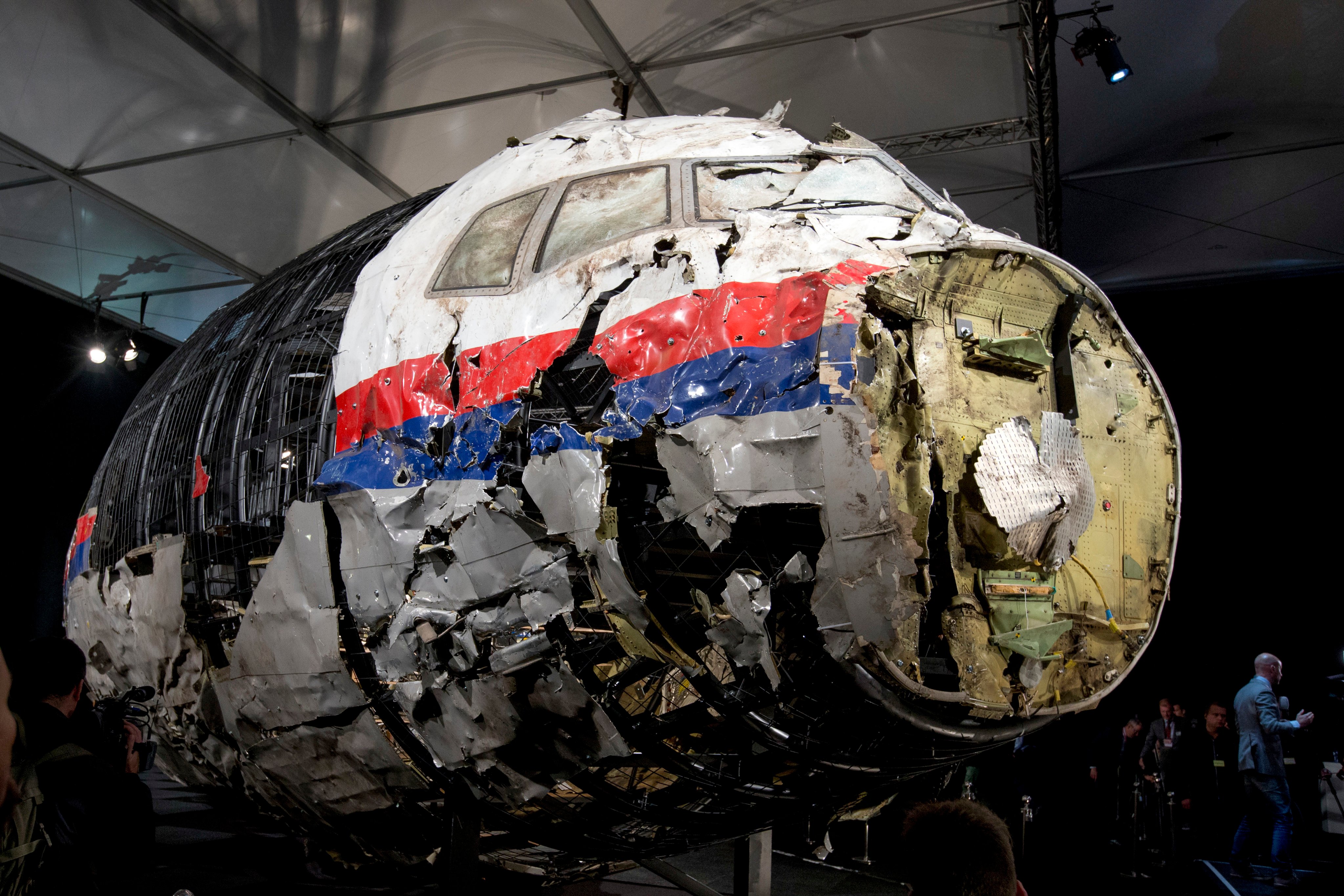 Reconstructed wreckage of Malaysia Airlines Flight MH17, put on display during a press conference in the Netherlands. Photo: AP/File