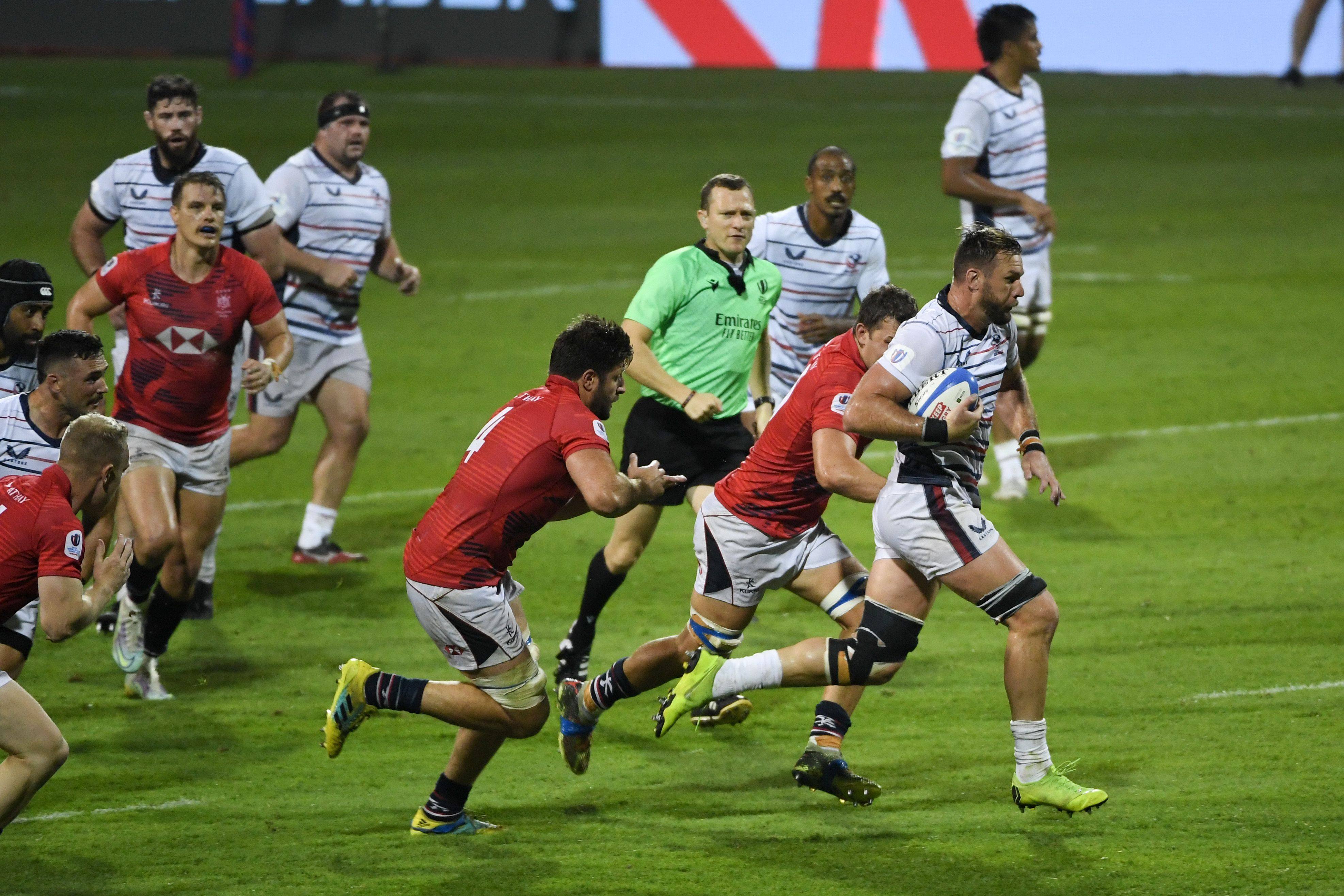 The USA Eagles lock Cam Dolan breaks through the Hong Kong defence during a Rugby World Cup 2023 final qualifying game at The Sevens Stadium in Dubai. Photo: World Rugby