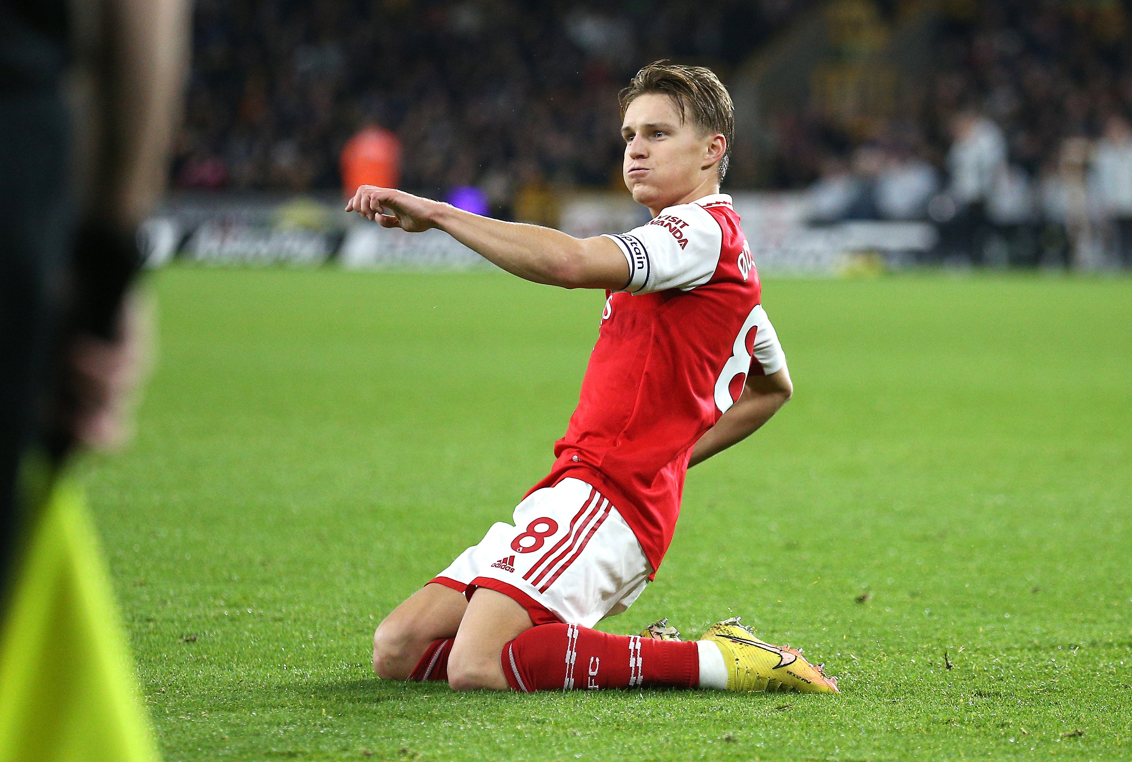 Arsenal’s Martin Odegaard celebrates scoring their side’s second goal against Wolves. Photo: dpa