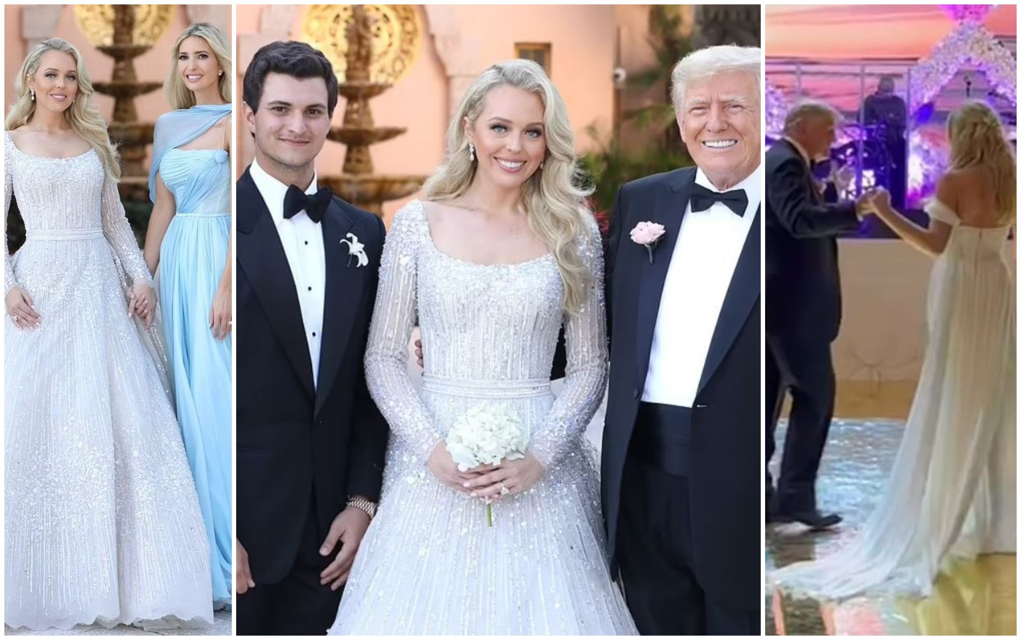 Tiffany Trump married Michael Boulos in Florida, with the rest of the Trump family in attendance. Photos:  @IvankaTrump/Twitter,  Denis Leon & Co, @karenshiboleth/Instagram