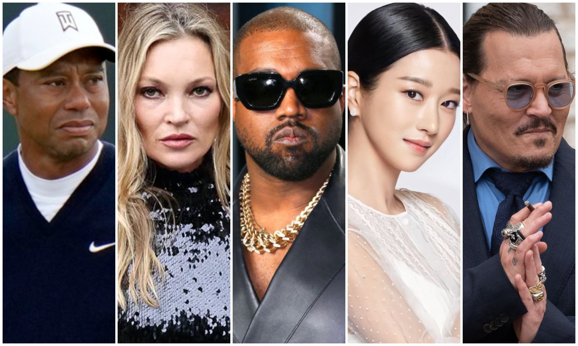 Tiger Woods, Kate Moss, Kanye West aka Ye, Seo Ye-ji and Johnny Depp were all dropped by brands at some point. Photos: AP, @katemossphoto/Instagram, AFP, @Yejisdoormat/Twitter