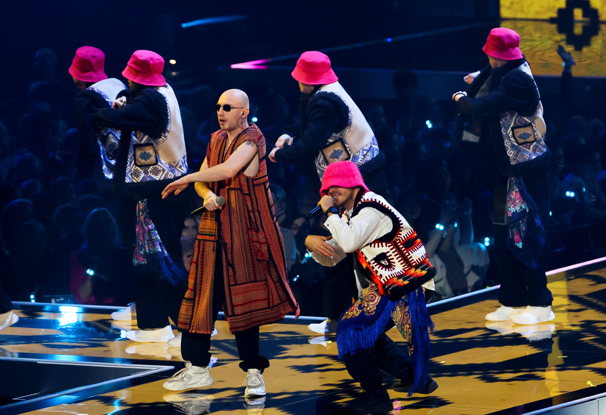Ukraine’s Kalush Orchestra perform during the MTV Europe Music Awards at the PSD Bank Dome in Düsseldorf, Germany on Sunday. Photo: Reuters