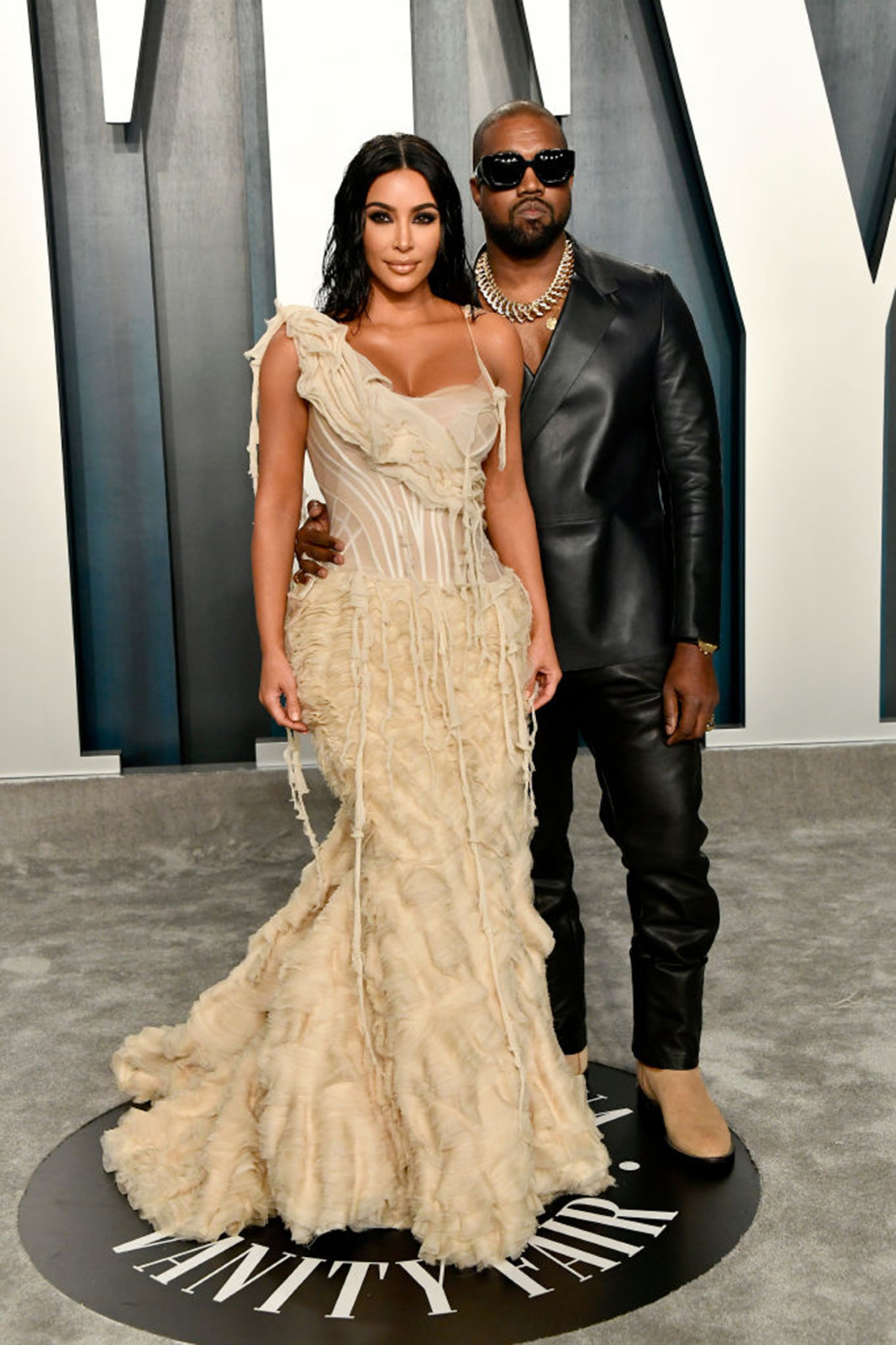 Kim Kardashian, left, and Kanye West attend the 2020 Vanity Fair Oscar Party hosted by Radhika Jones at Wallis Annenberg Center for the Performing Arts in February 2020, in Beverly Hills, California. Photo: Getty Images