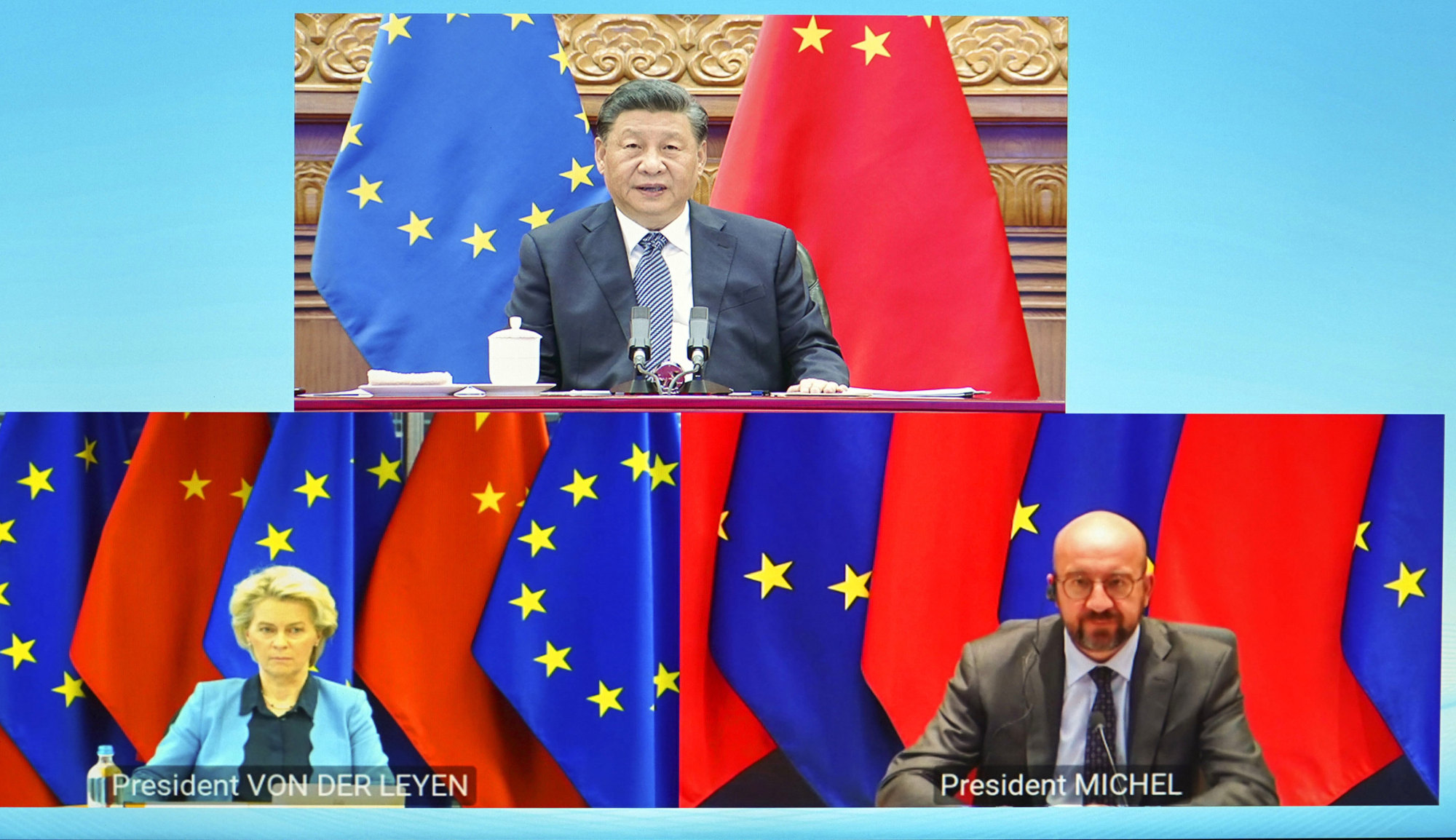 Charles Michel (lower right) and European Commission President Ursula von der Leyen hold a virtual meeting with Chinese President Xi Jinping in April. Photo: Xinhua via AP